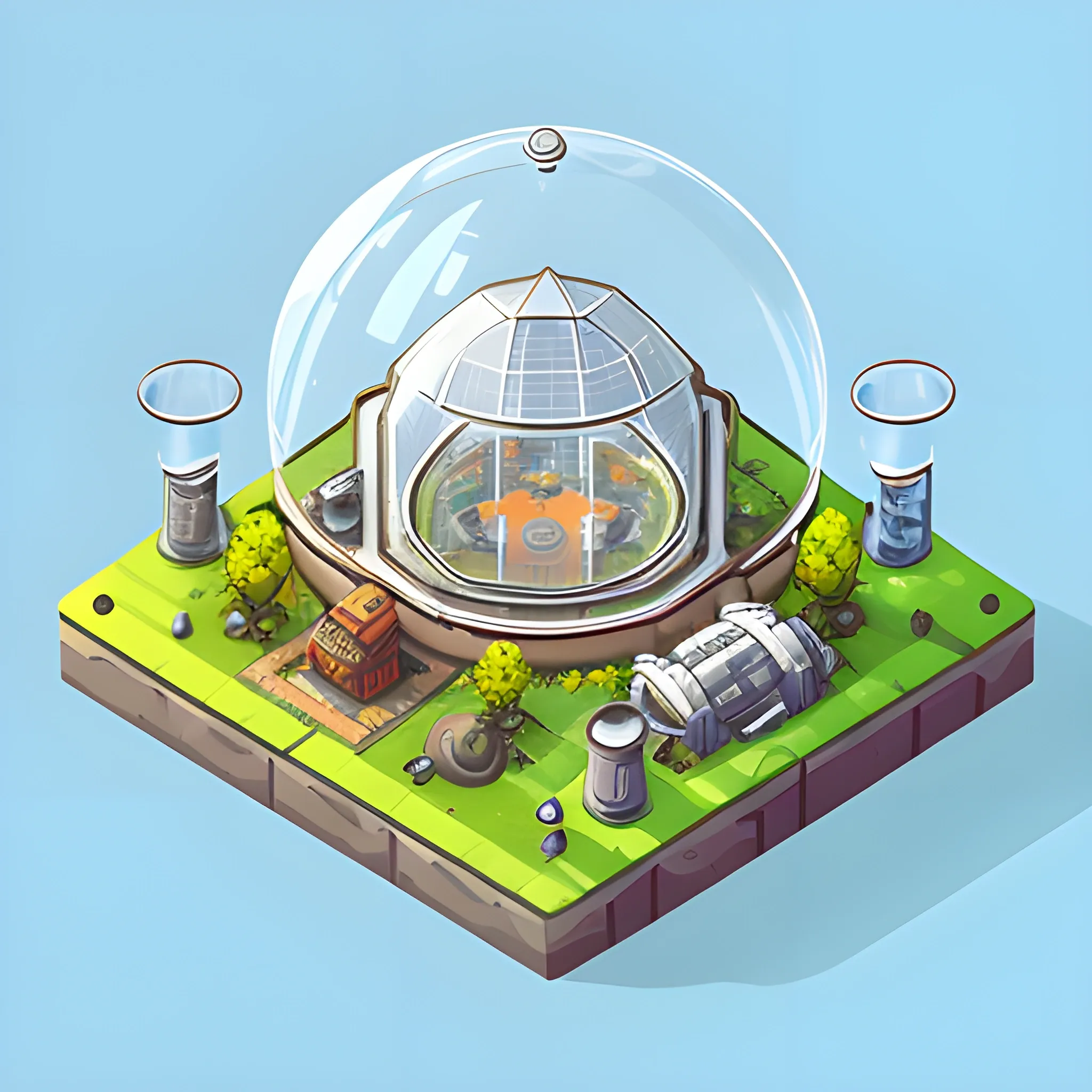 isometric sci-fi hydropinic farm consisting of one glass dome with white background, realistic, video game