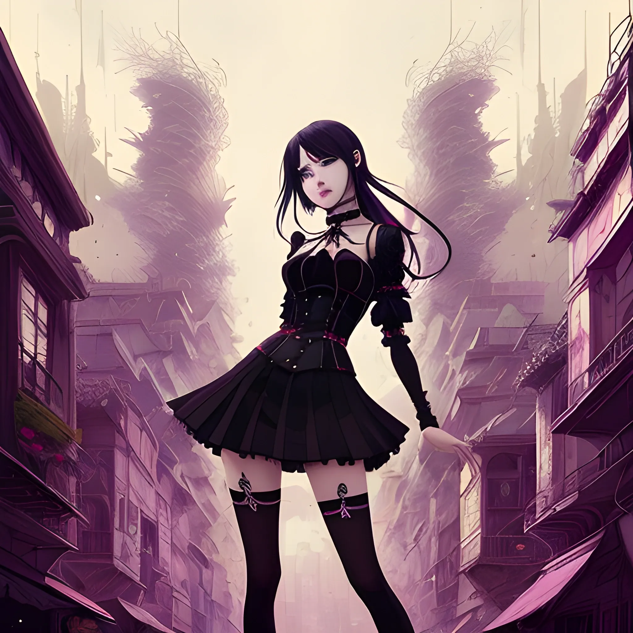 An image of a woman wearing choker in a manga art, anime style character style Art Nouveau painting, red and sillver colors,  true aesthetics, gothic fashion shot of a beautiful korean woman posing in front of a psychedelic art nouveau style. gothic style korean female, full figure, fit, ellegant tight white shirts, ties, miniskirts,  legs,  choker, long hair, classy,  beautiful faces, manga eyes, open mouth, postapocaliptic city in the background, dark night, art by Greg Rutkowski, acrylic, high contrast, colorful polychromatic, ultra detailed, ultra quality, CGSocietyHighly detailed, highest quality