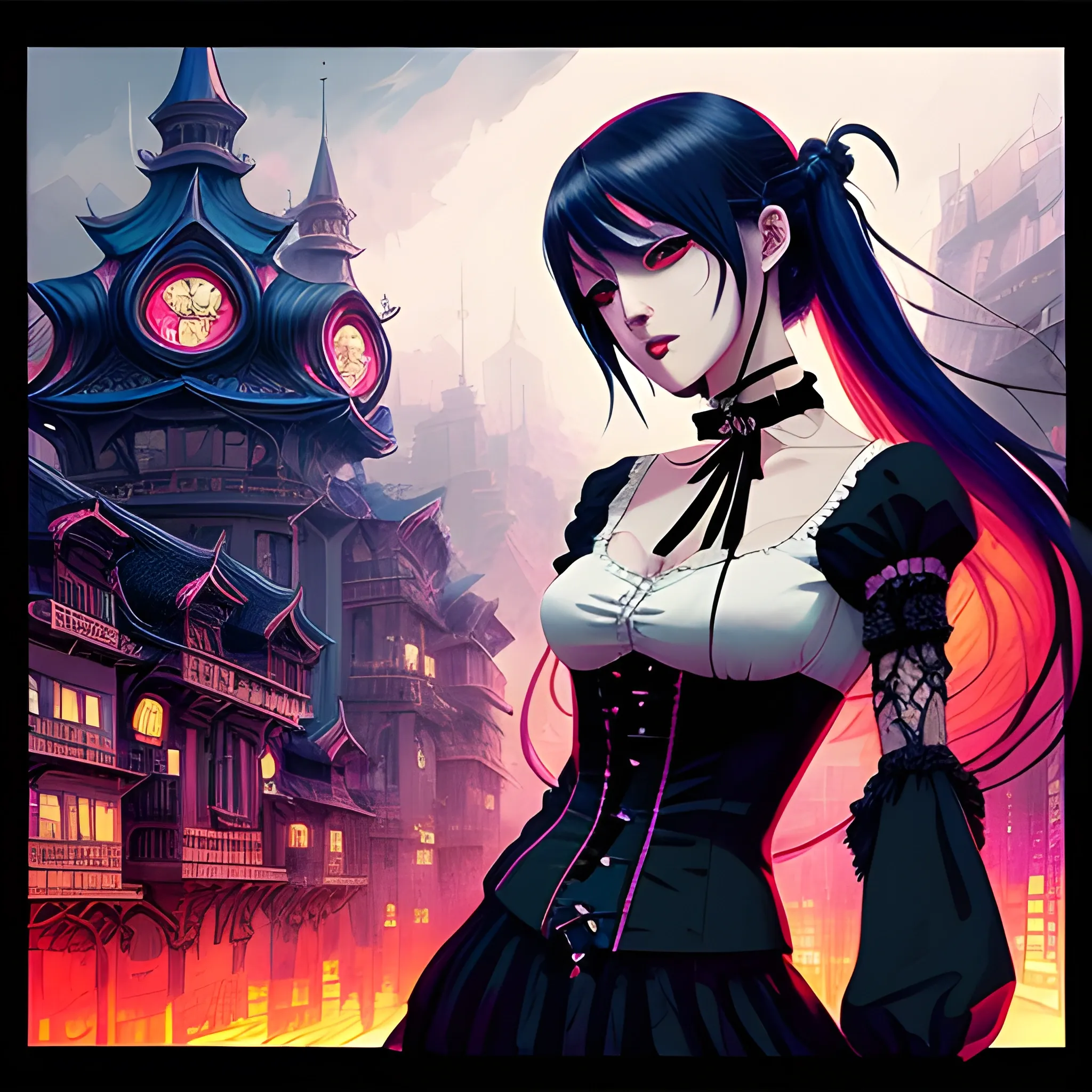 An image of a woman wearing choker in a manga art, anime style character style Art Nouveau painting, red and sillver colors,  true aesthetics, gothic fashion shot of a beautiful korean woman posing in front of a psychedelic art nouveau style. gothic style korean female, full figure, fit, ellegant tight white shirts, ties, miniskirts,  legs,  choker, long hair, classy,  beautiful faces, manga eyes, open mouth, postapocaliptic city in the background, dark night, art by Greg Rutkowski, acrylic, high contrast, colorful polychromatic, ultra detailed, ultra quality, CGSocietyHighly detailed, highest quality