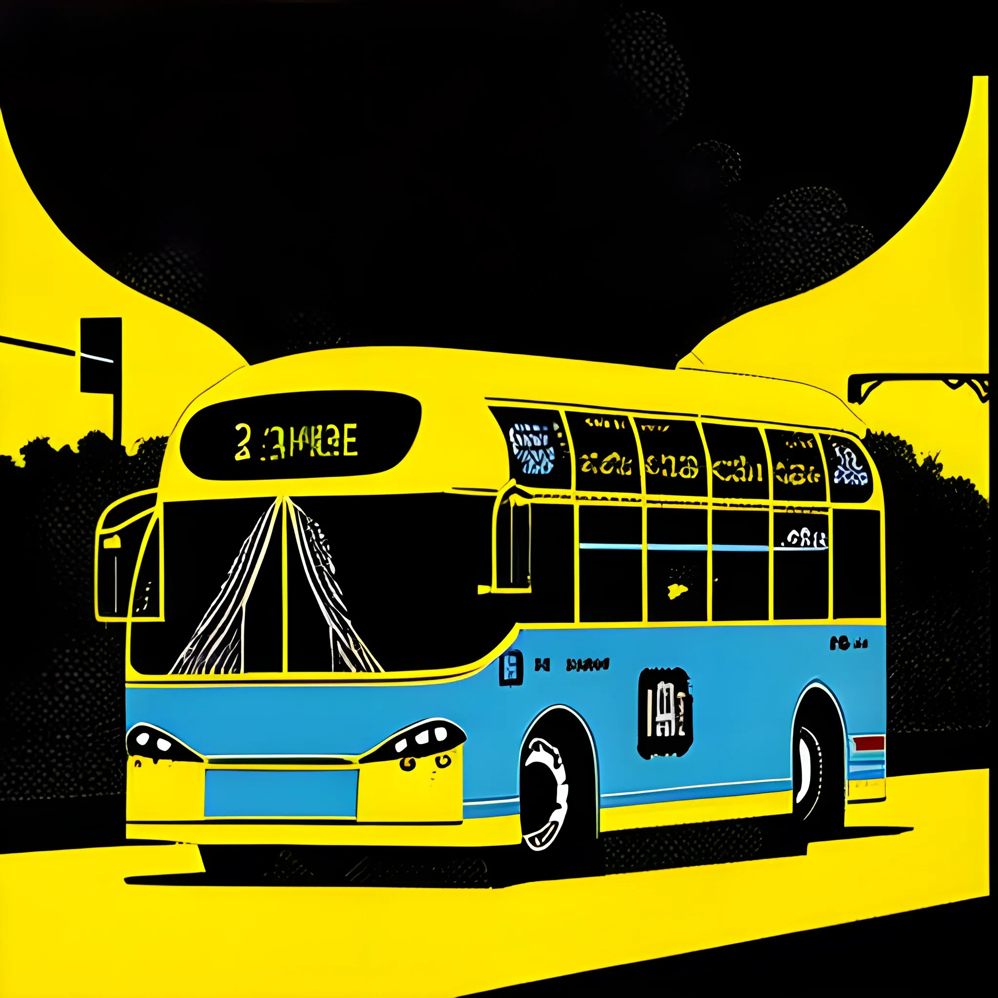 Public transport bus burning, riso, bitmap