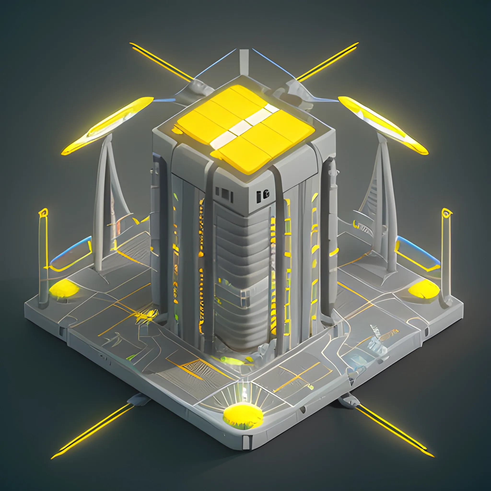 isometric futuristic sci-fi giant solar power panel, 3d icon clay render, octane render, 3d icon, concept art, video game asset, soft smooth lighting, soft dominant yellow and gray color palette, seamless white background, 12mm lens, 4k UHD, tilt – shift 