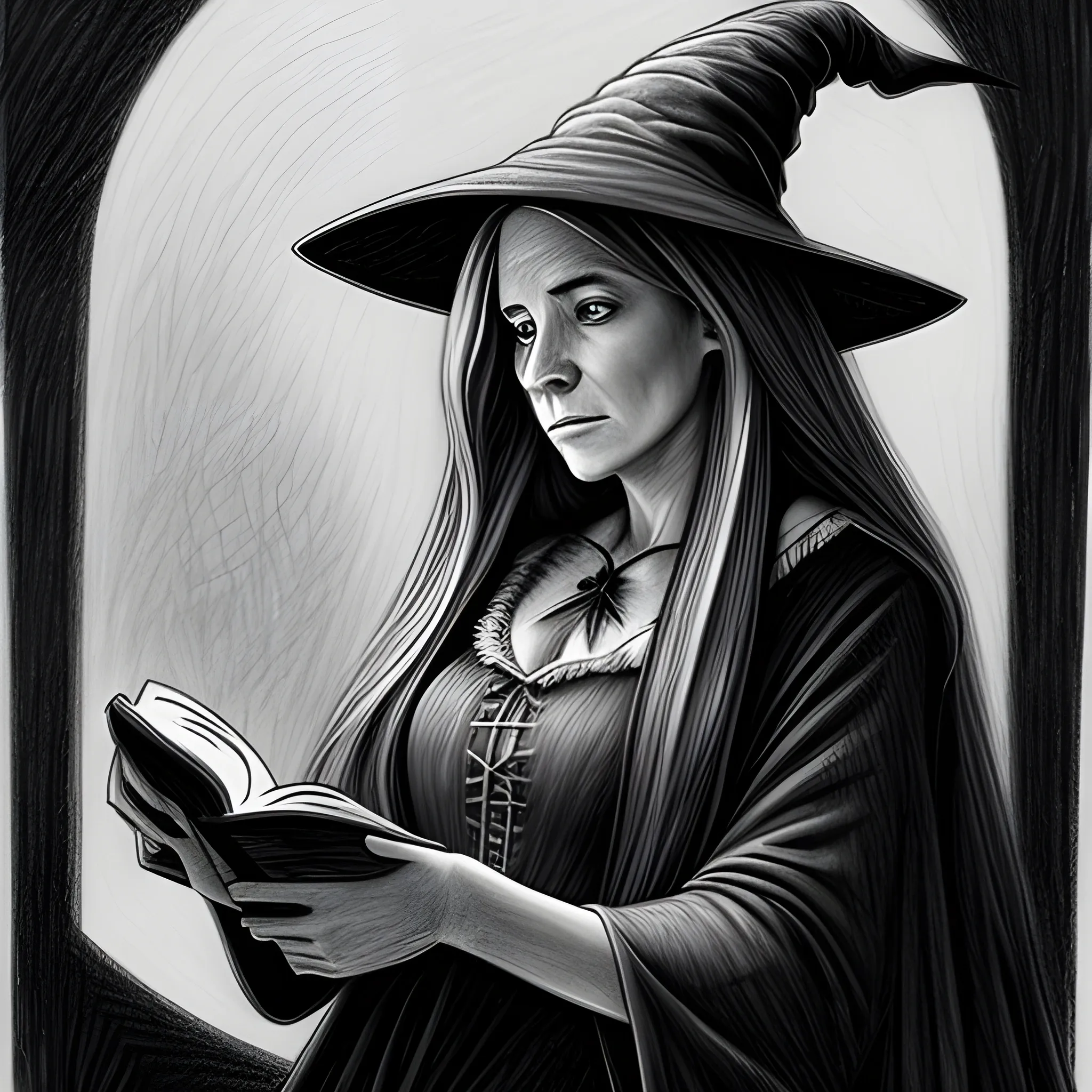 pencil sketch of female portrait of a witch with long hair reading a book entitled "see you on a dark night"