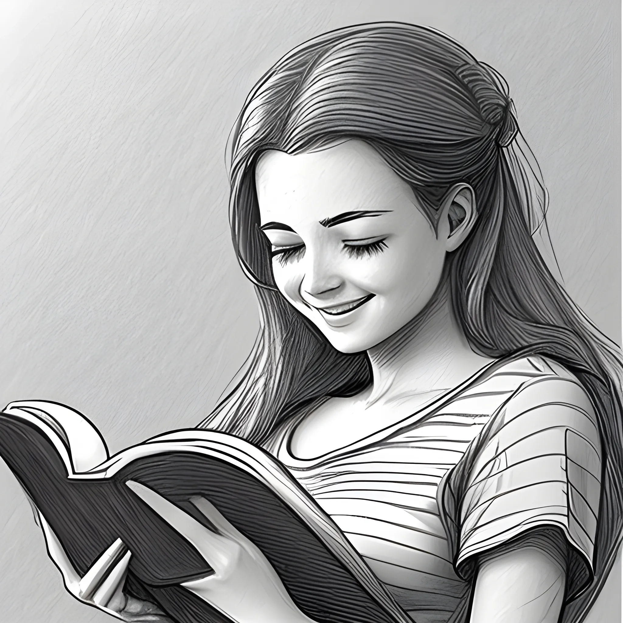 pencil sketch of female happily enthralled with reading a book 