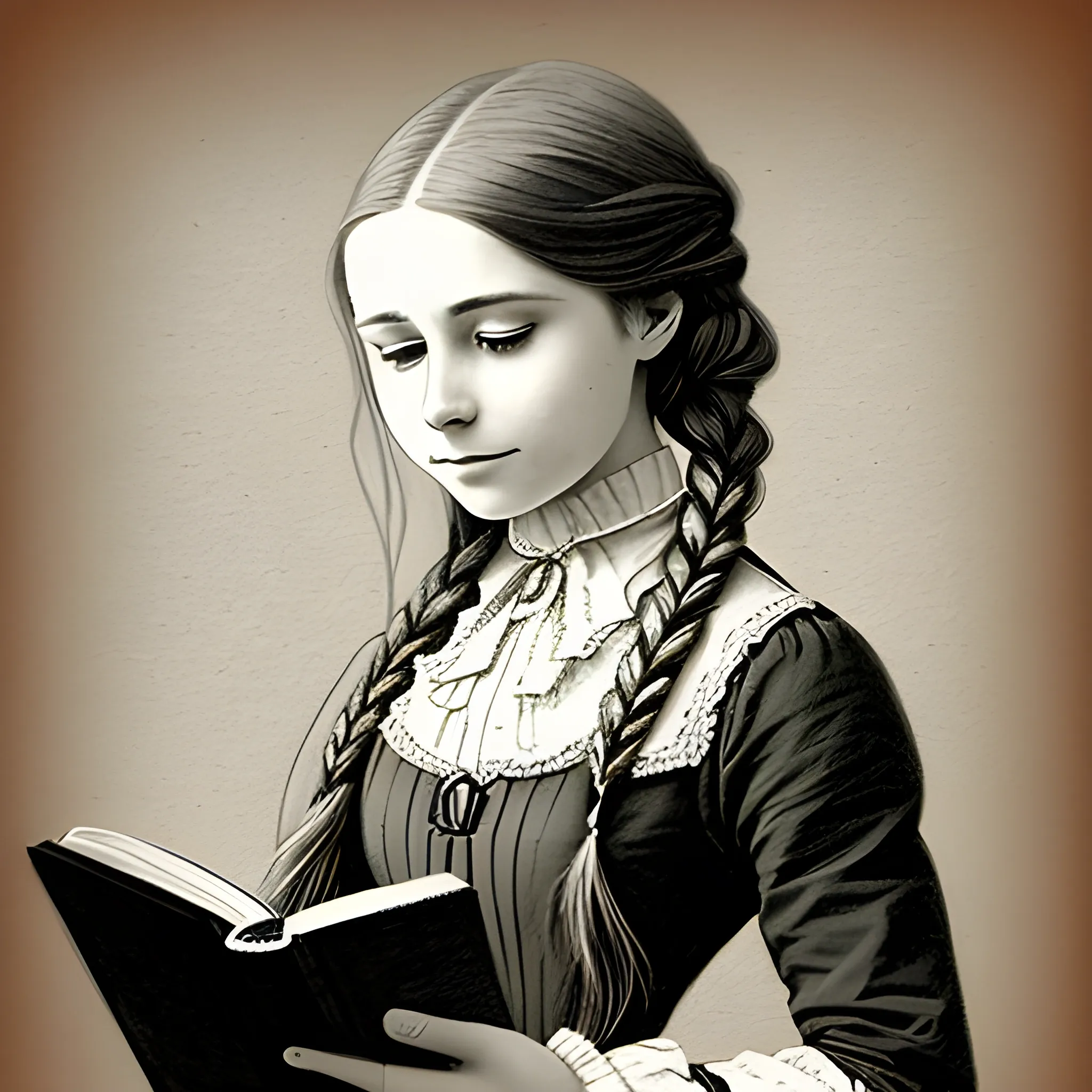 pencil sketch of female with long hair in a braid reading a book victorian era dress