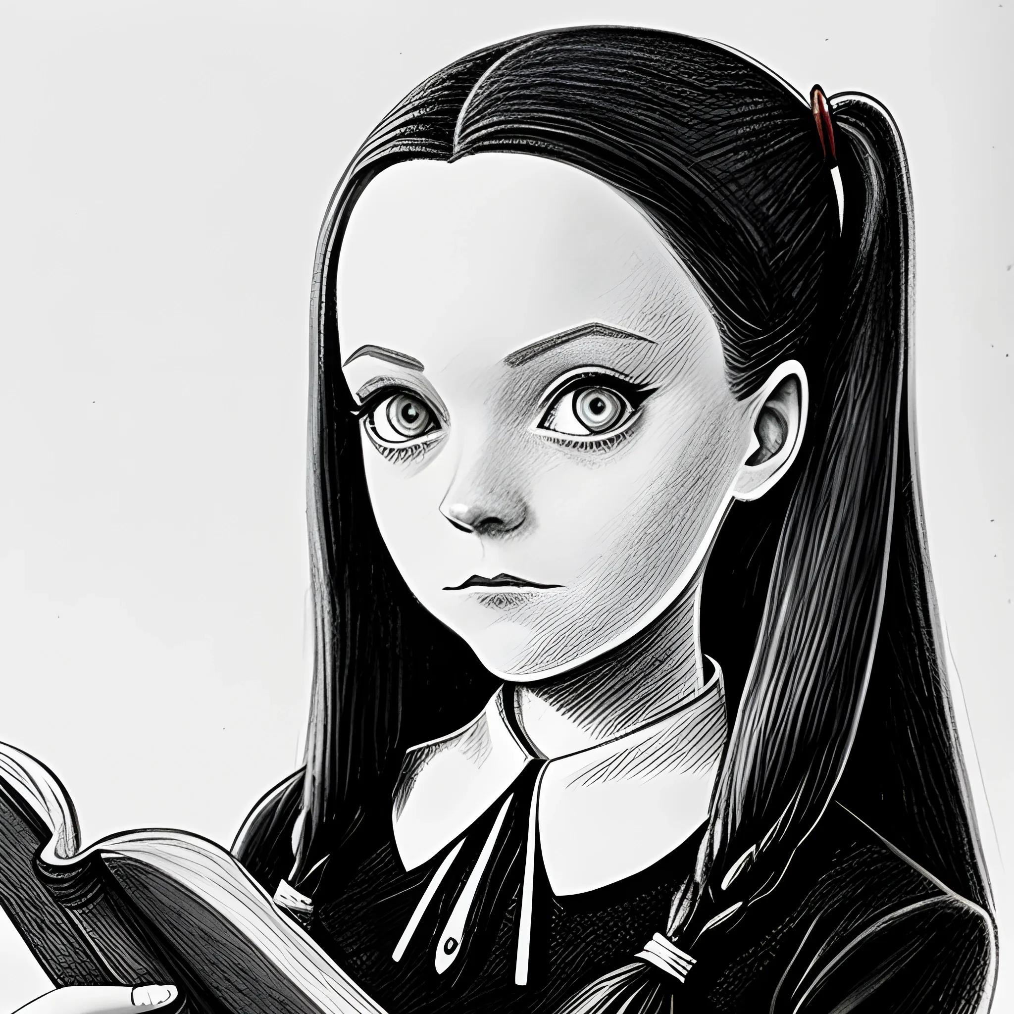 pencil sketch of Wednesday Addams reading a book
