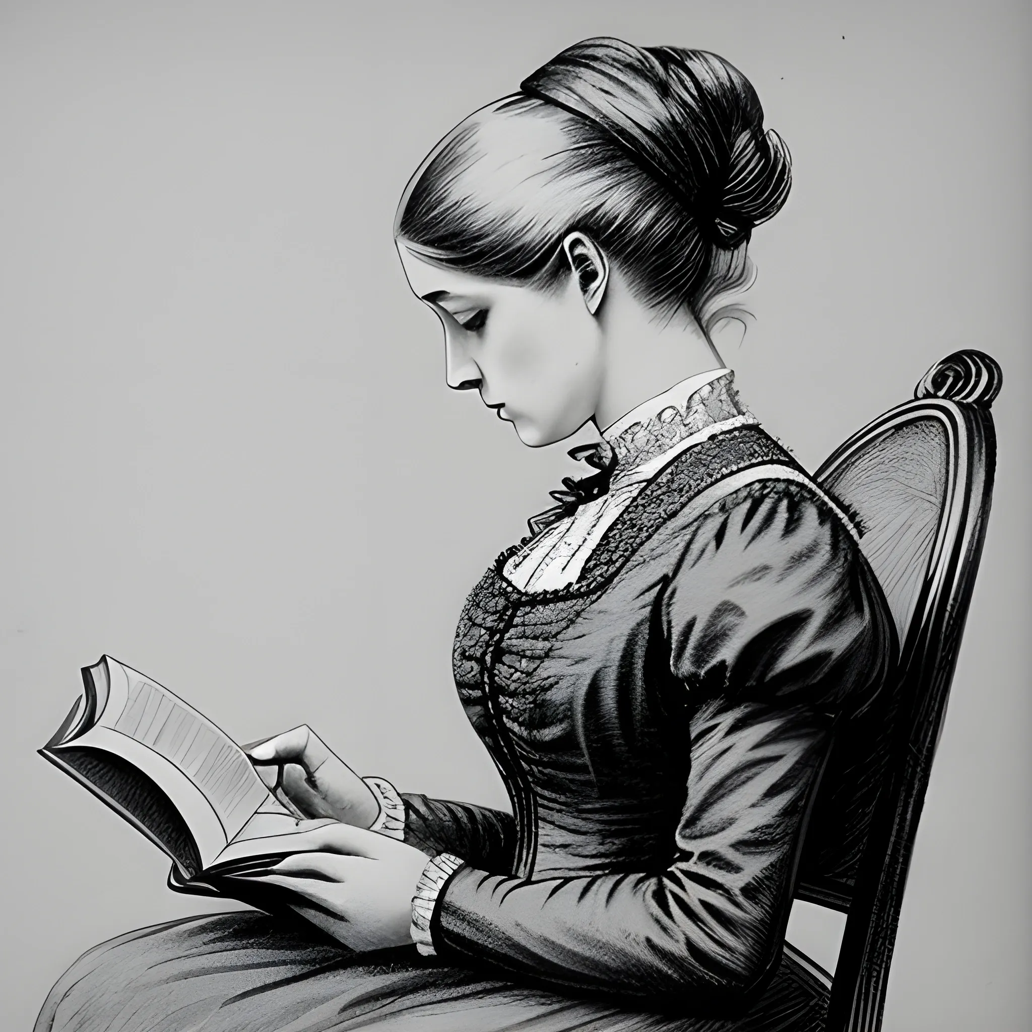 pencil sketch of a woman reading a book, victorian dress