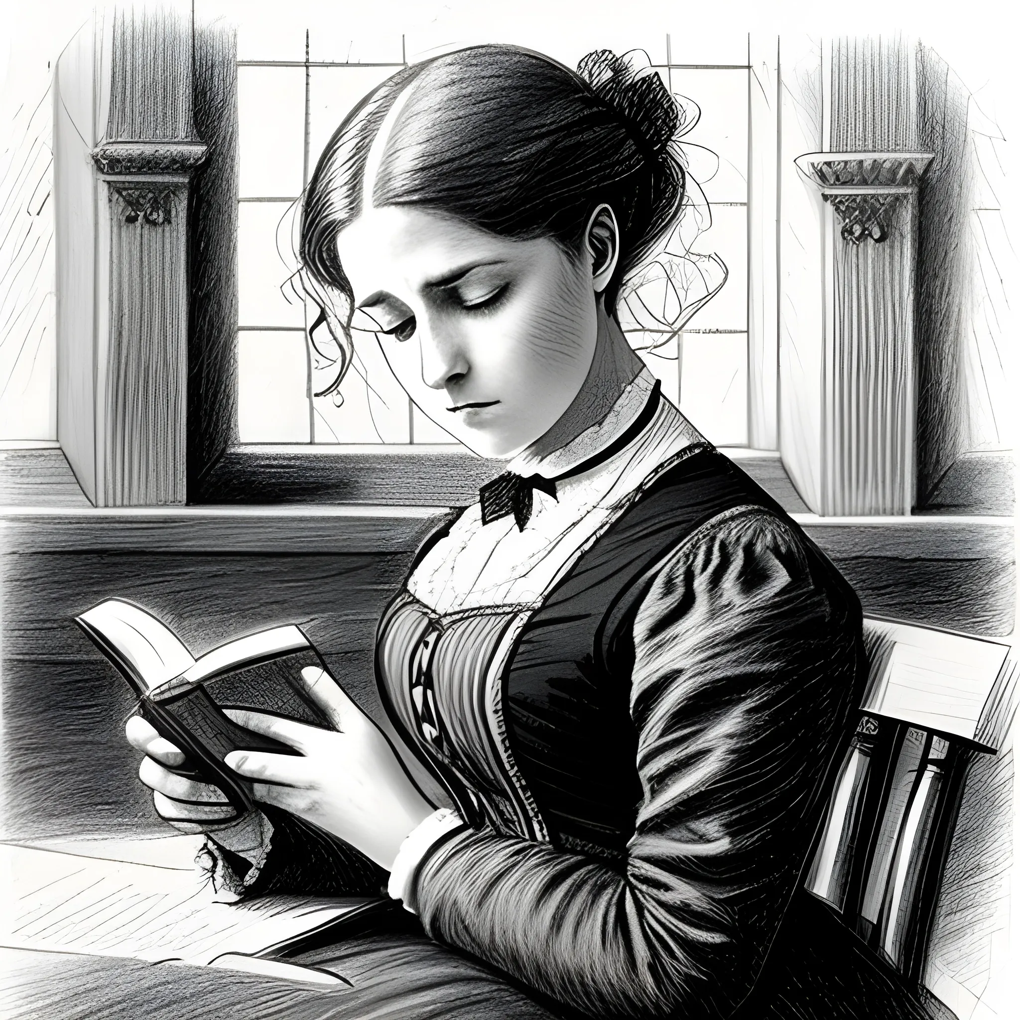 pencil sketch of a woman reading a book, victorian era