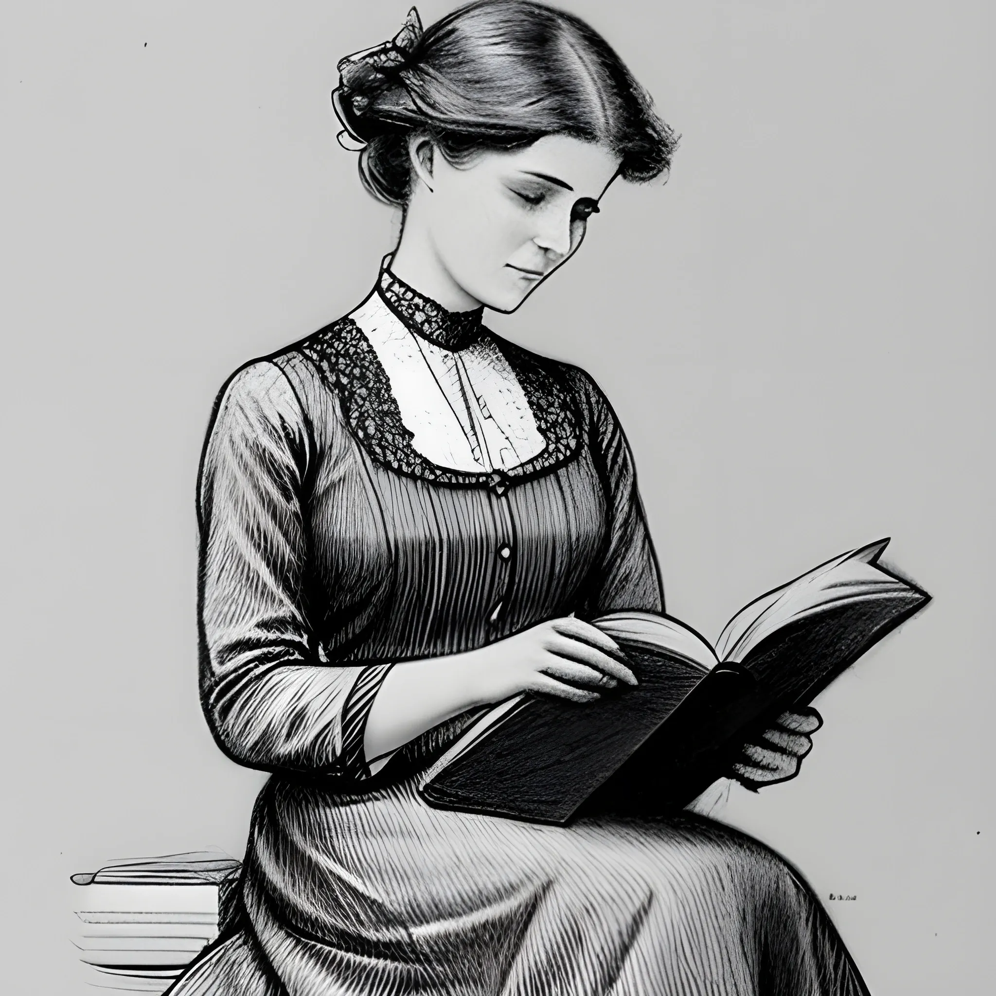 pencil sketch of a woman reading a book, 1900's walking dress