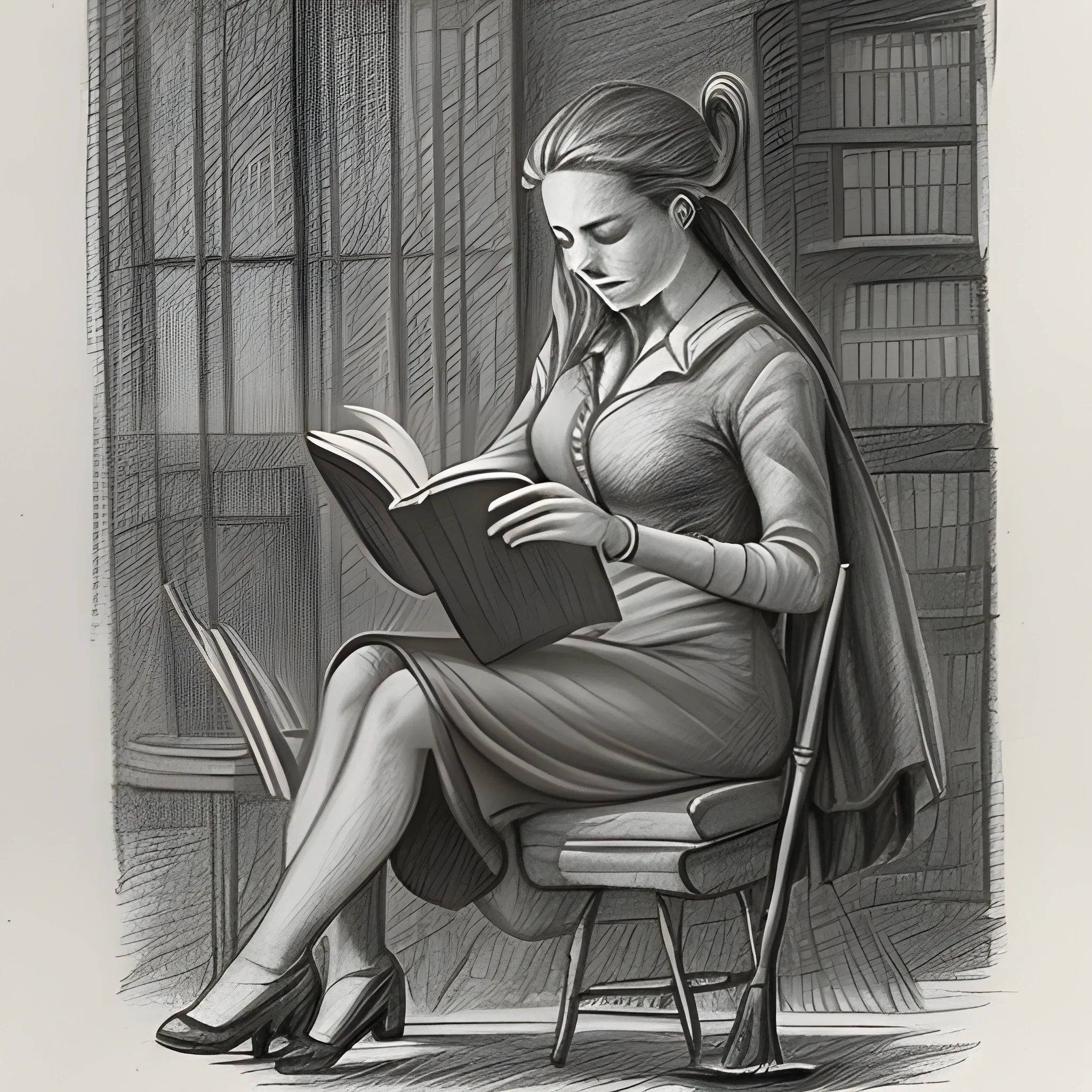 pencil sketch of a woman reading a book, riding a broom