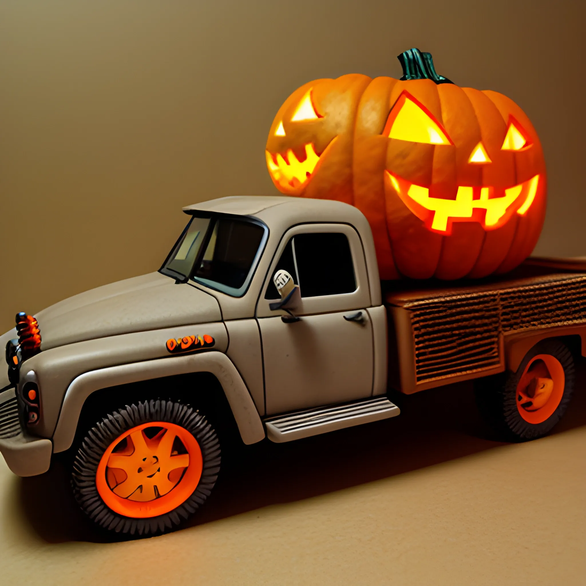 the truck with the jack o lanterns sitting in the bed, in the style of poodlepunk, twisted branches, mashup of styles, gray and brown, commission for --ar 86:91