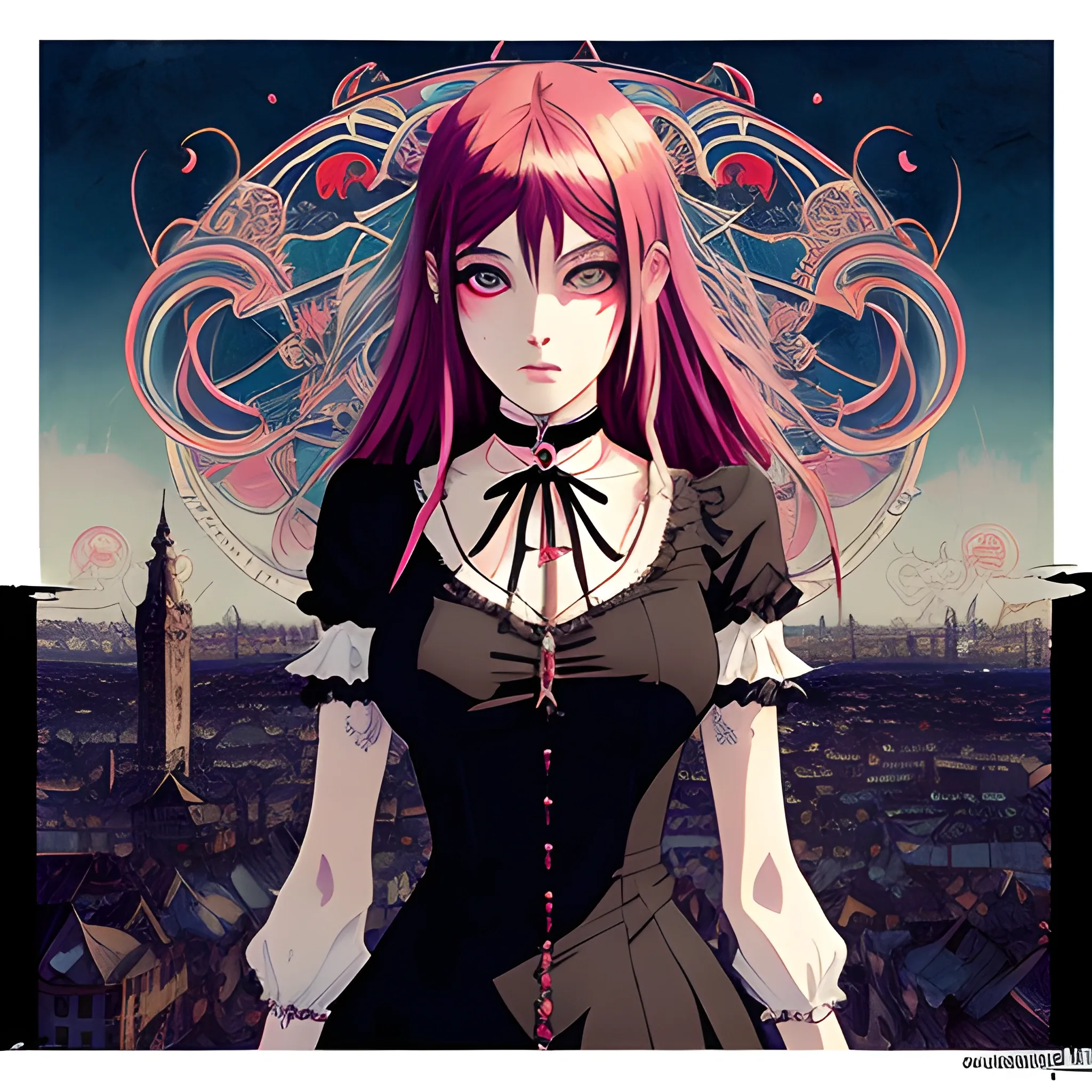 An image of a woman wearing choker in a manga art, anime style character style Art Nouveau painting, red and sillver colors,  true aesthetics, gothic fashion shot of a beautiful modern woman posing in front of a psychedelic art nouveau style. grunge style polish female, full figure, fit, ellegant tight white shirts, ties, miniskirts,  legs,  choker, cross, long hair, classy,  beautiful faces, manga eyes, open mouth, postapocaliptic city in the background, dark night, art by Greg Rutkowski, acrylic, high contrast, colorful polychromatic, ultra detailed, ultra quality, CGSocietyHighly detailed, highest quality