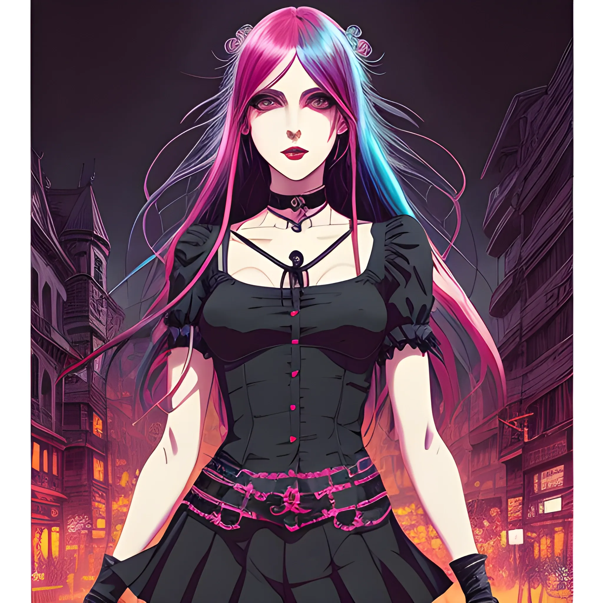 An image of a woman wearing choker in a manga art, anime style character style Art Nouveau painting, red and sillver colors,  true aesthetics, gothic fashion shot of a beautiful modern woman posing in front of a psychedelic art nouveau style. grunge style polish female, full figure, fit, ellegant tight white shirts, ties, miniskirts,  legs,  choker, cross, long hair, classy,  beautiful faces, manga eyes, open mouth, postapocaliptic city in the background, dark night, art by Greg Rutkowski, acrylic, high contrast, colorful polychromatic, ultra detailed, ultra quality, CGSocietyHighly detailed, highest quality