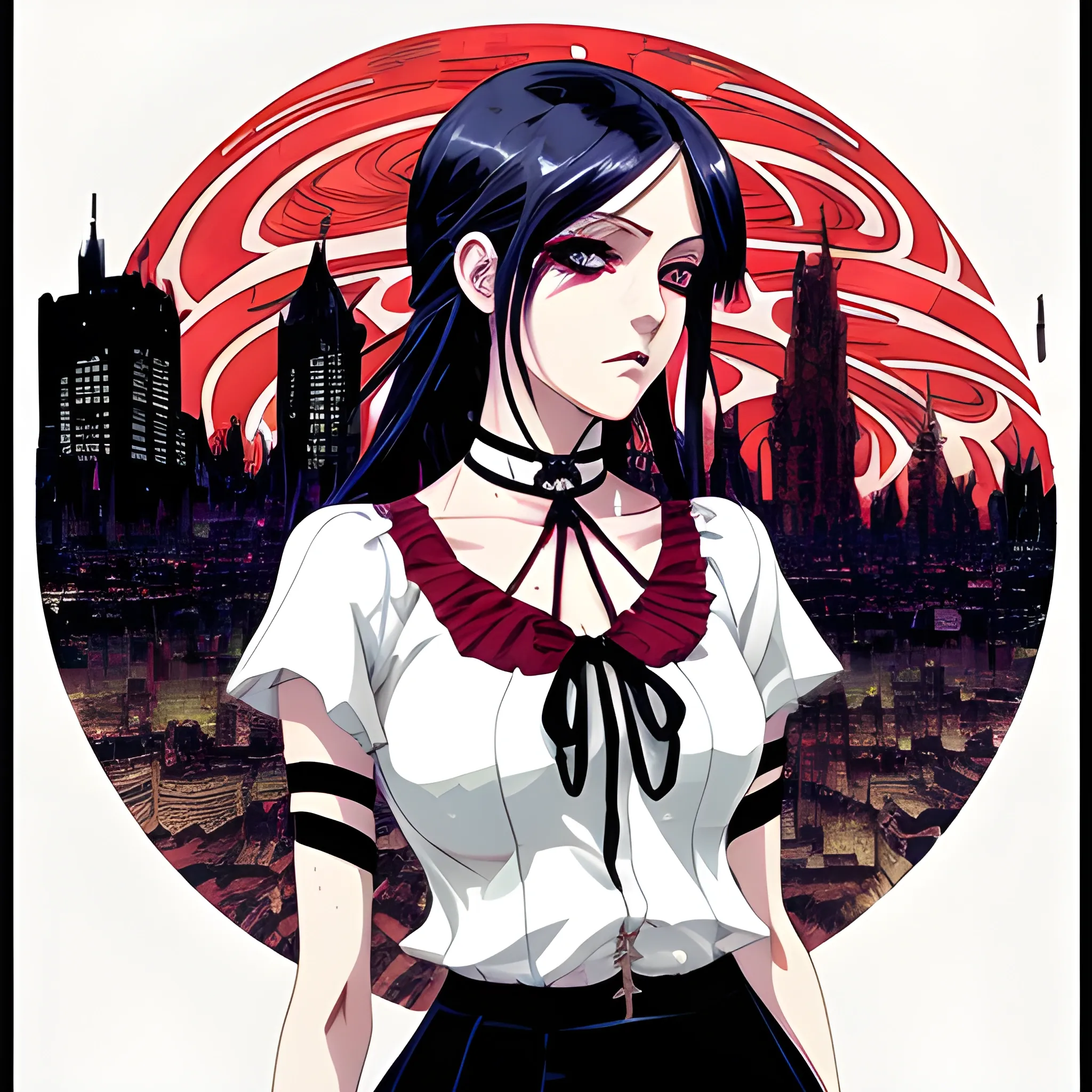 An image of a woman wearing choker in a manga art, anime style character style Art Nouveau painting, red and sillver colors,  true aesthetics, gothic fashion shot of a beautiful modern woman posing in front of a psychedelic art nouveau style. grunge style polish female, full figure, fit, ellegant tight white shirts, ties, miniskirts,  legs,  choker, cross, long hair, classy,  beautiful faces, manga eyes, open mouth, postapocaliptic city in the background, dark night, art by Greg Rutkowski, acrylic, high contrast, colorful polychromatic, ultra detailed, ultra quality, CGSocietyHighly detailed, highest quality