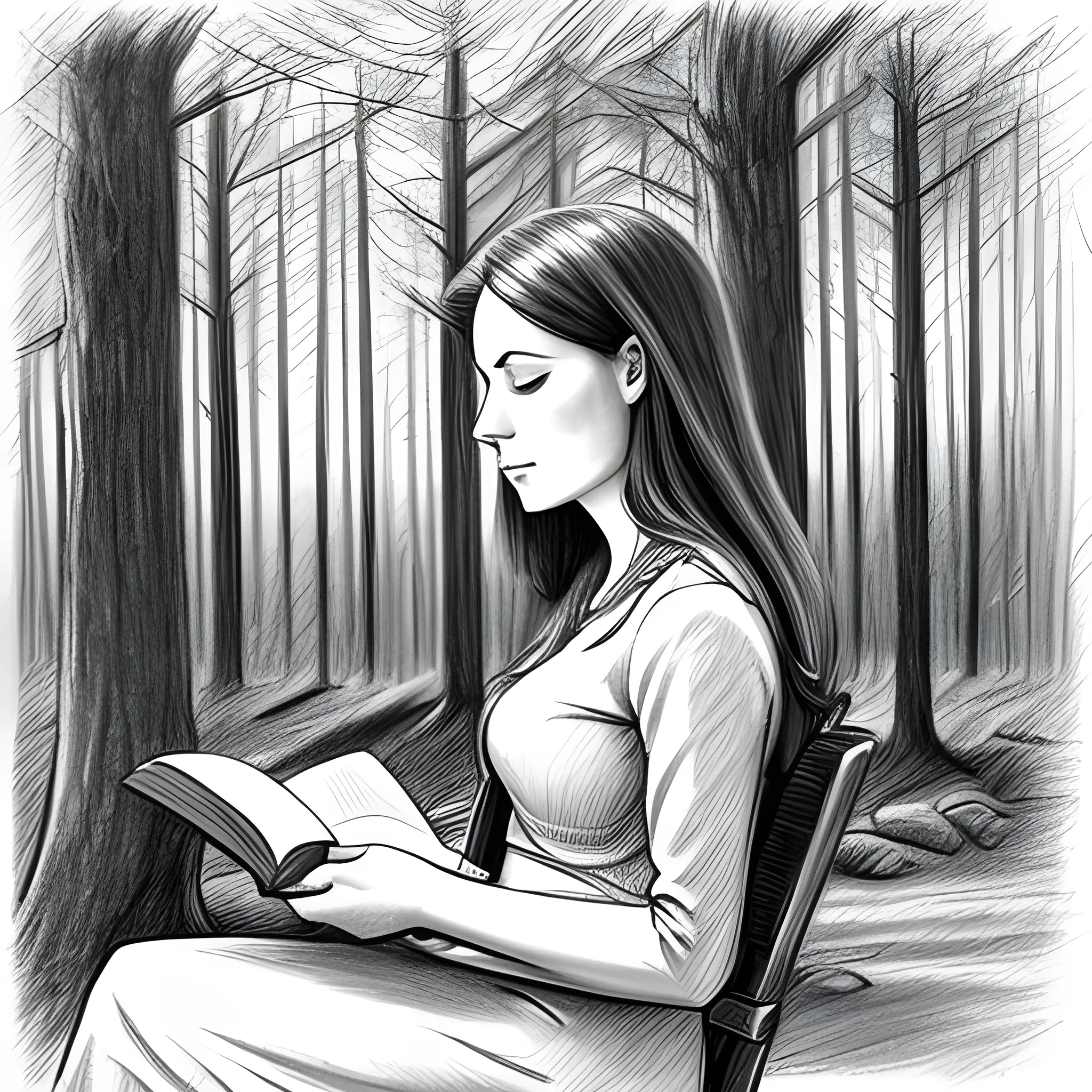 pencil sketch of a woman reading a book in a forest