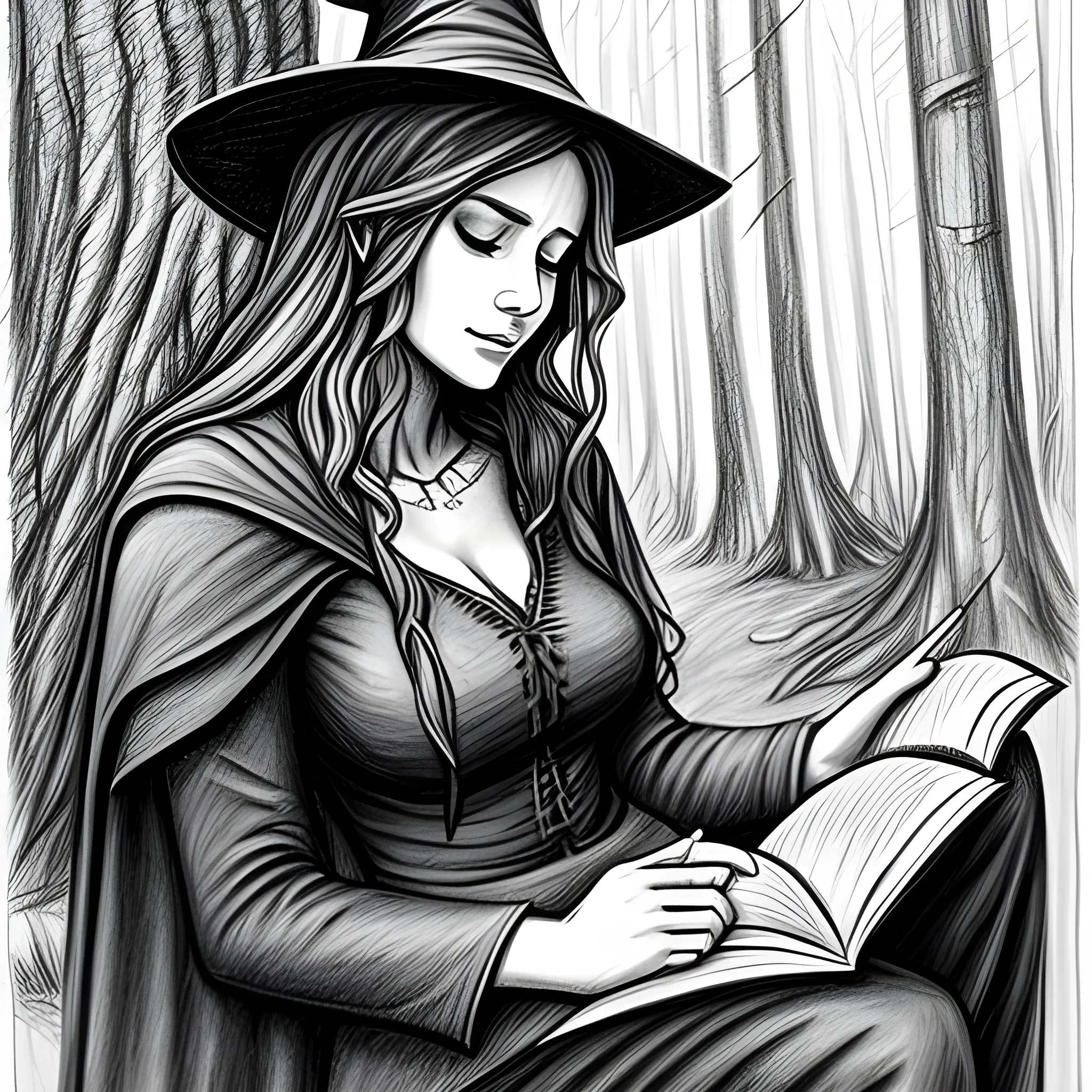 pencil sketch of a witchy woman reading a book in a forest