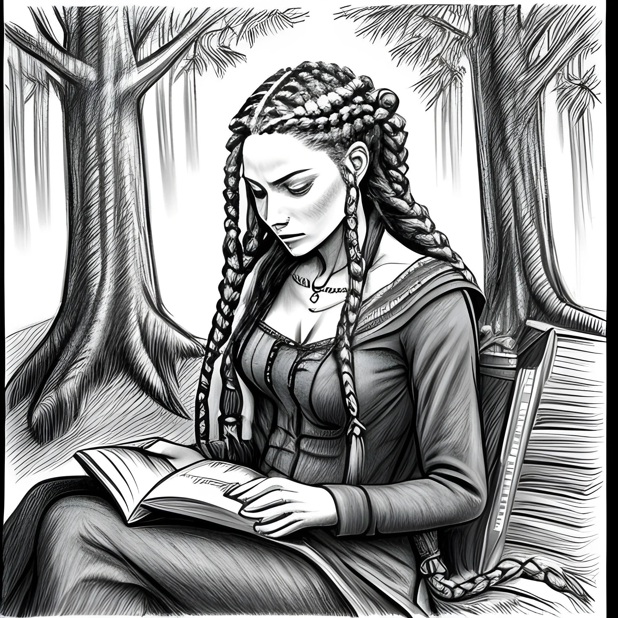 pencil sketch of a witchy woman with hair in braids reading a book in a forest