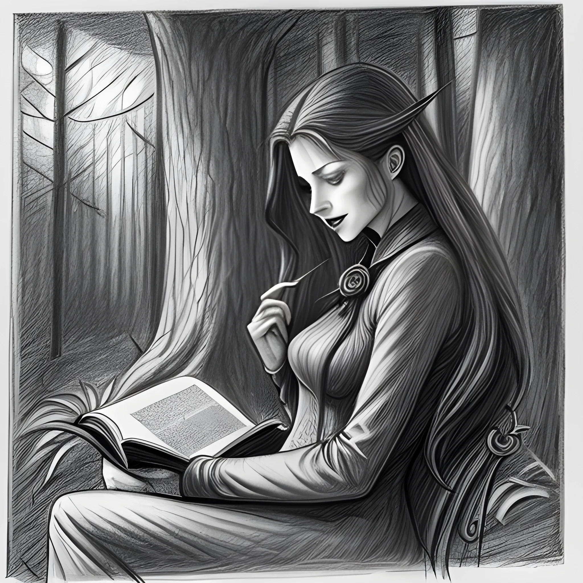 pencil sketch of a vampire woman reading a book in a forest