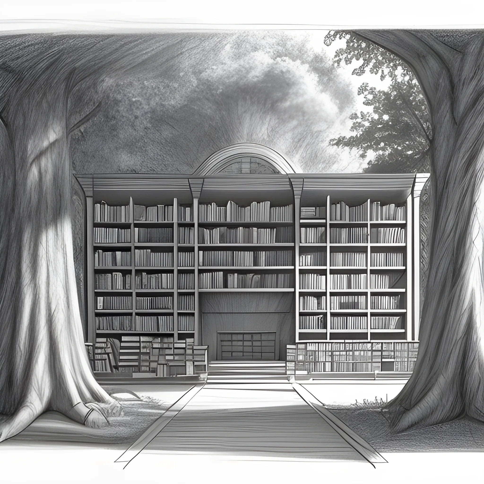 pencil sketch of a library in the forest