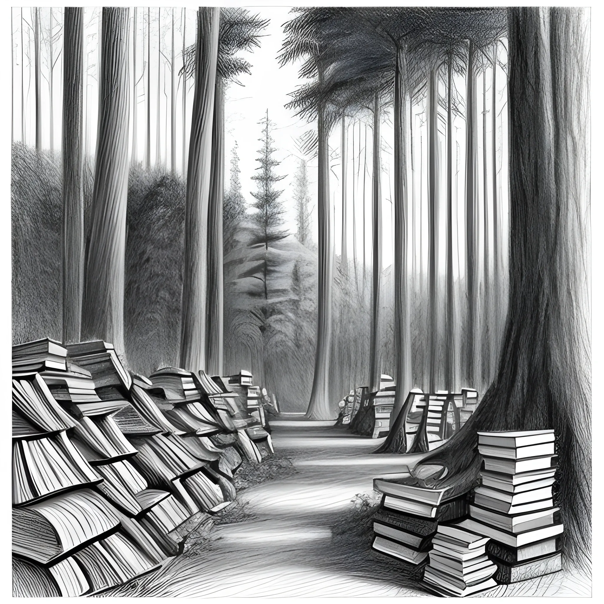 pencil sketch of books in the forest