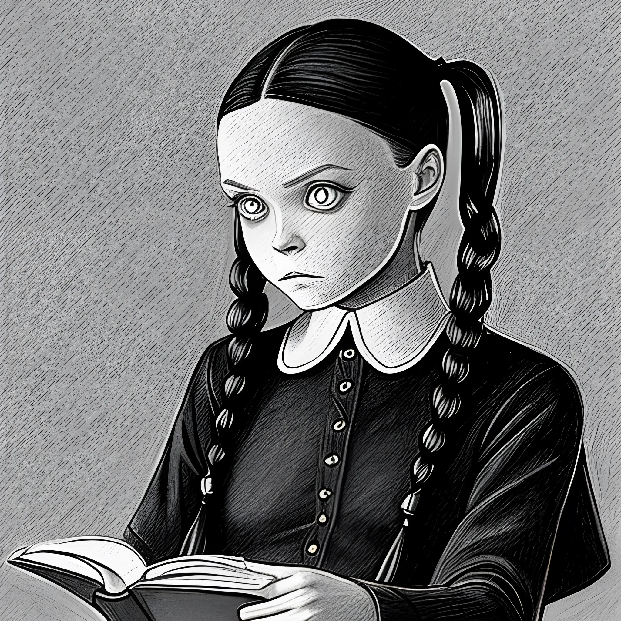 pencil sketch of Wednesday Addams reading