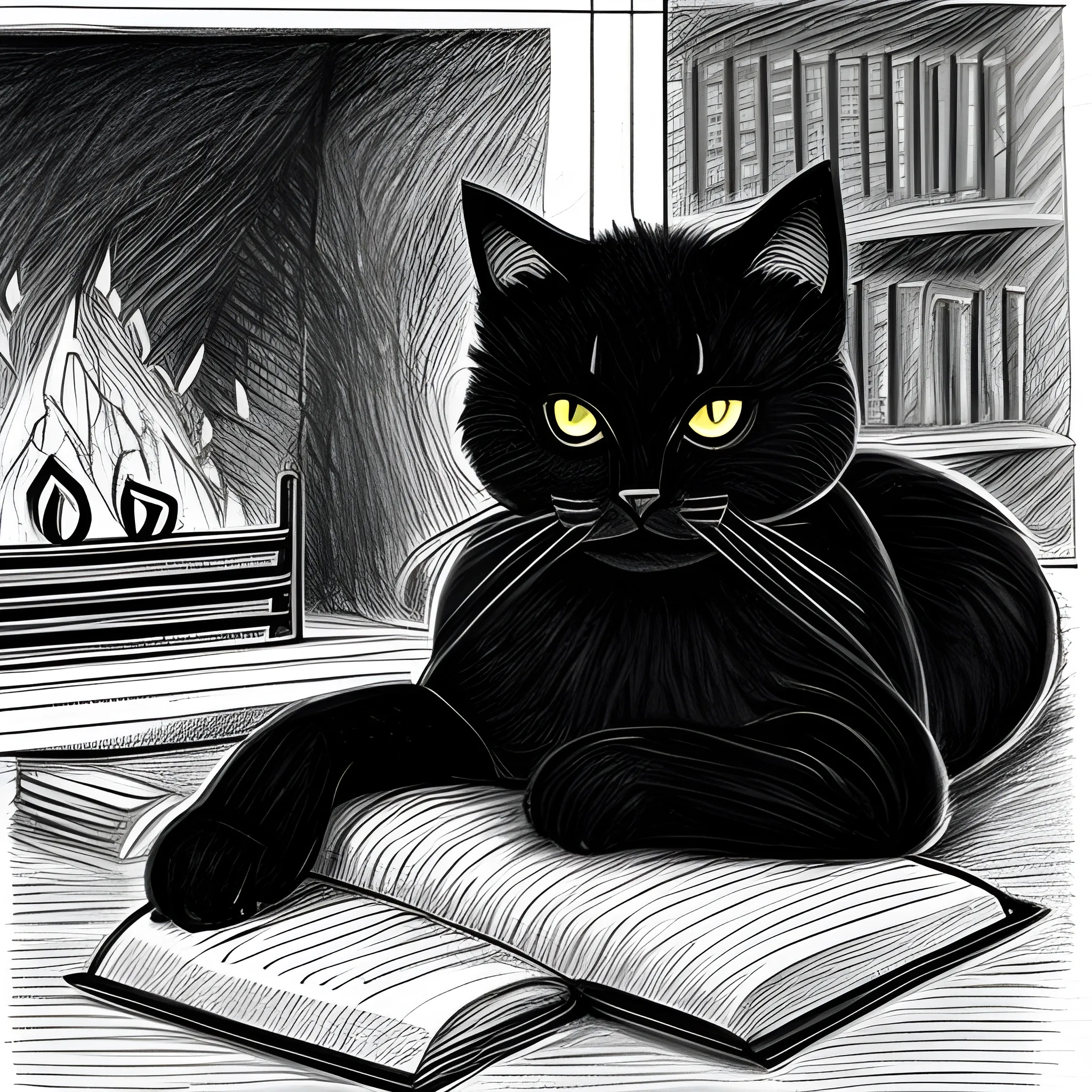 pencil sketch of a black fluffy cat curled up in front of a warm fireplace surrounded by books