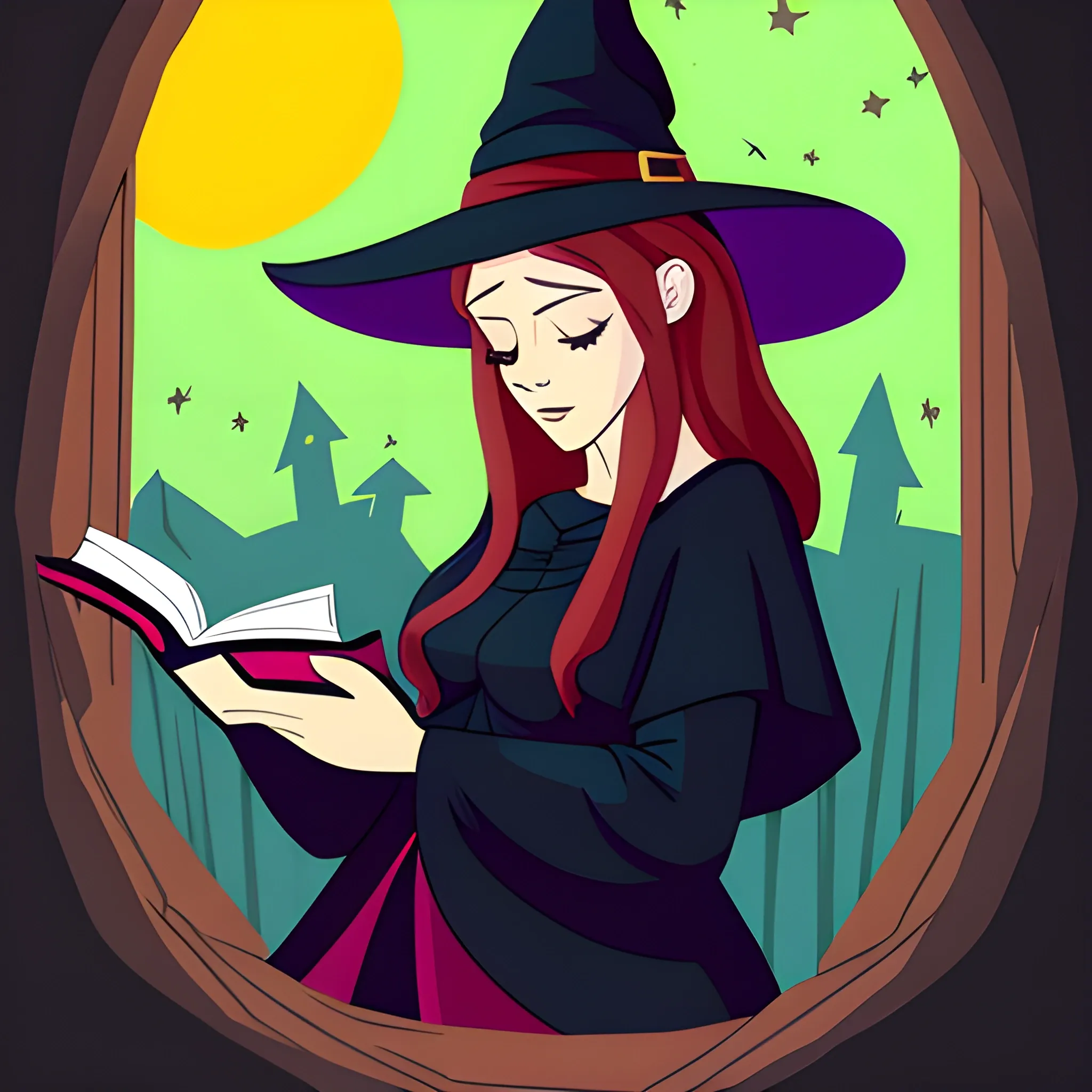 magna art style witchy woman reading a book