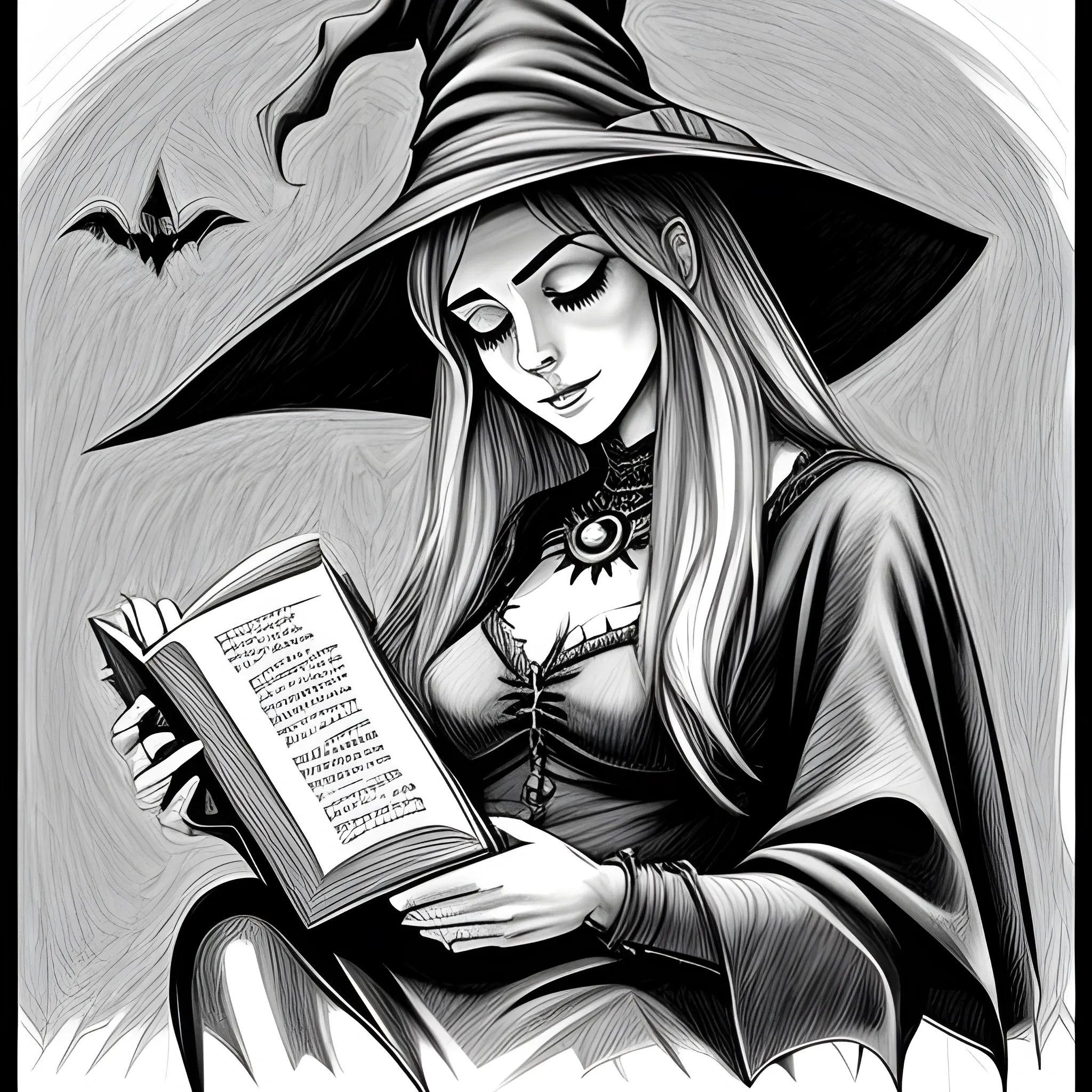 magna art style pencil sketch witchy woman reading a book
