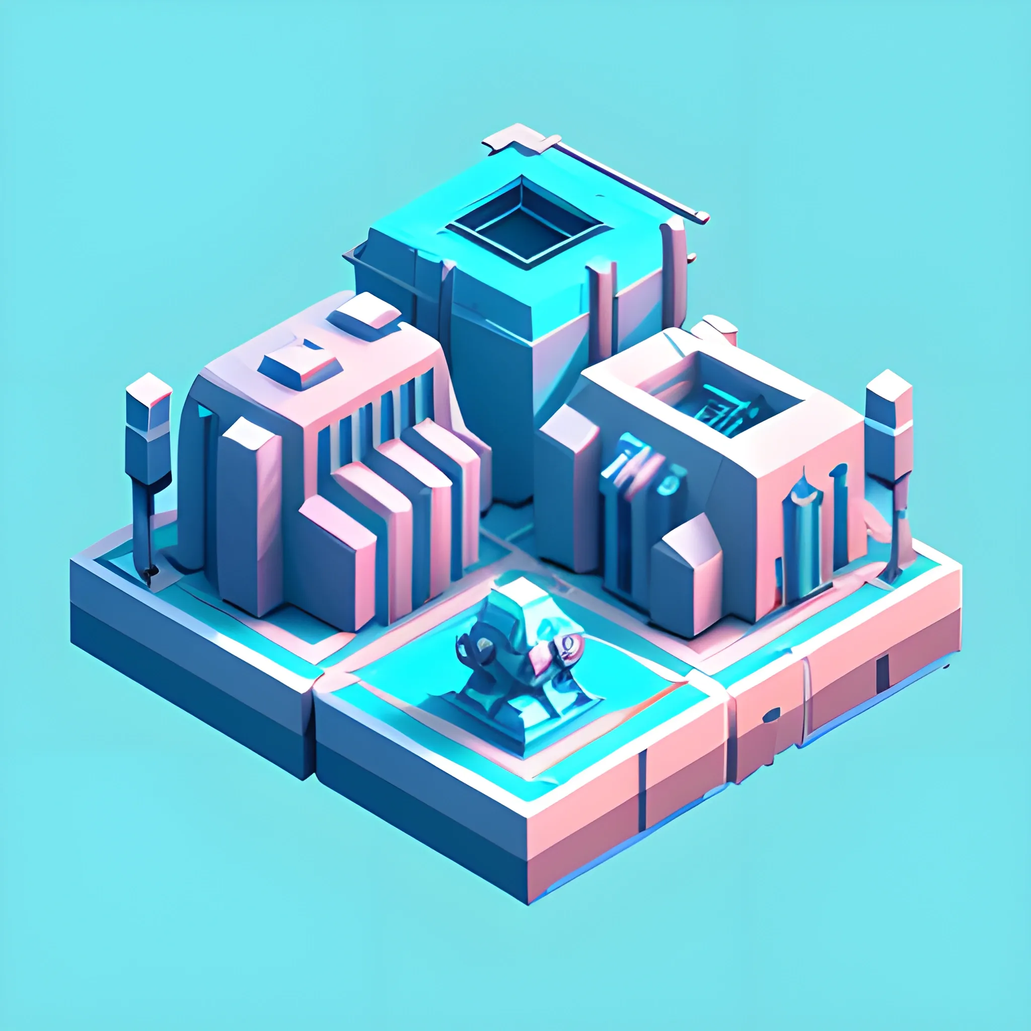 3D rendered video game asset, isometric minimalistic simplified futuristic sci-fi alloys casting factory, low poly style, soft smooth lighting, dominant cyan and rose color palette, transparent plain white background