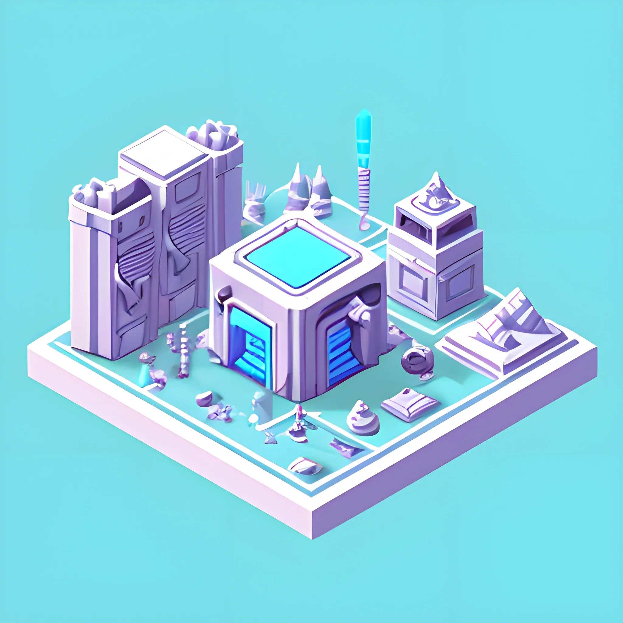 3D rendered video game asset, isometric minimalistic simplified futuristic sci-fi alloys casting factory, made in blender 3d, cartoon style, soft smooth lighting, dominant cyan and rose color palette, transparent plain white background