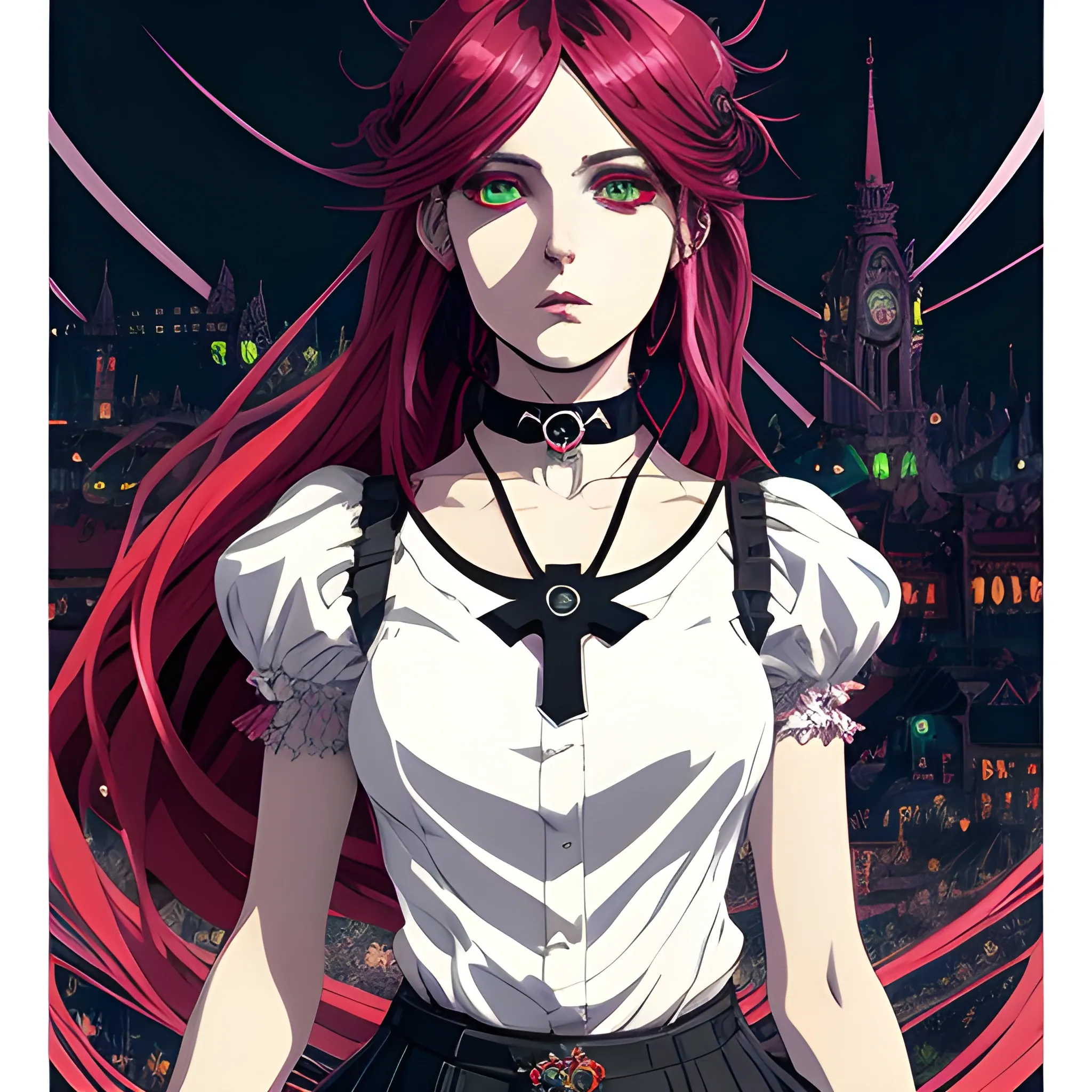 An image of a woman wearing choker in a manga art, anime style character style Art Nouveau painting, red and sillver colors,  true aesthetics, gothic fashion shot of a beautiful modern woman posing in front of a psychedelic art nouveau style. classy style polish female, full figure, fit, ellegant tight white shirts, ties, miniskirts,  legs,  choker, cross, long hair, classy,  beautiful faces, manga eyes, open mouth, postapocaliptic city in the background, dark night, art by Greg Rutkowski, acrylic, high contrast, colorful polychromatic, ultra detailed, ultra quality, CGSocietyHighly detailed, highest quality