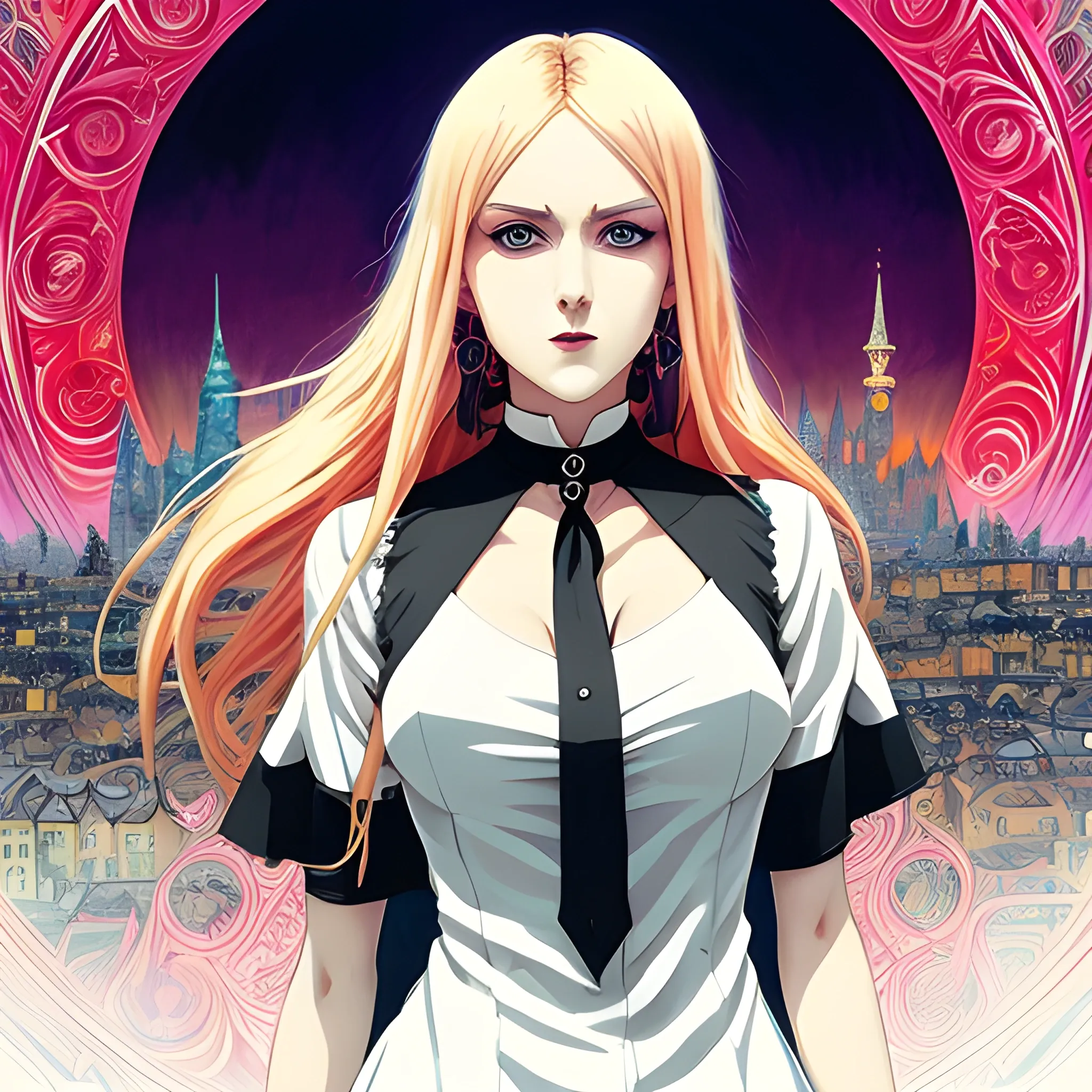 An image of a blonde woman wearing choker in a manga art, anime style character style Art Nouveau painting, red and sillver colors,  true aesthetics, gothic fashion shot of a beautiful modern woman posing in front of a psychedelic art nouveau style. classy style polish female, full figure, fit, ellegant tight white shirts, ties, miniskirts,  legs,  choker, cross, long hair, classy,  beautiful faces, manga eyes, open mouth, postapocaliptic city in the background, dark night, art by Greg Rutkowski, acrylic, high contrast, colorful polychromatic, ultra detailed, ultra quality, CGSocietyHighly detailed, highest quality