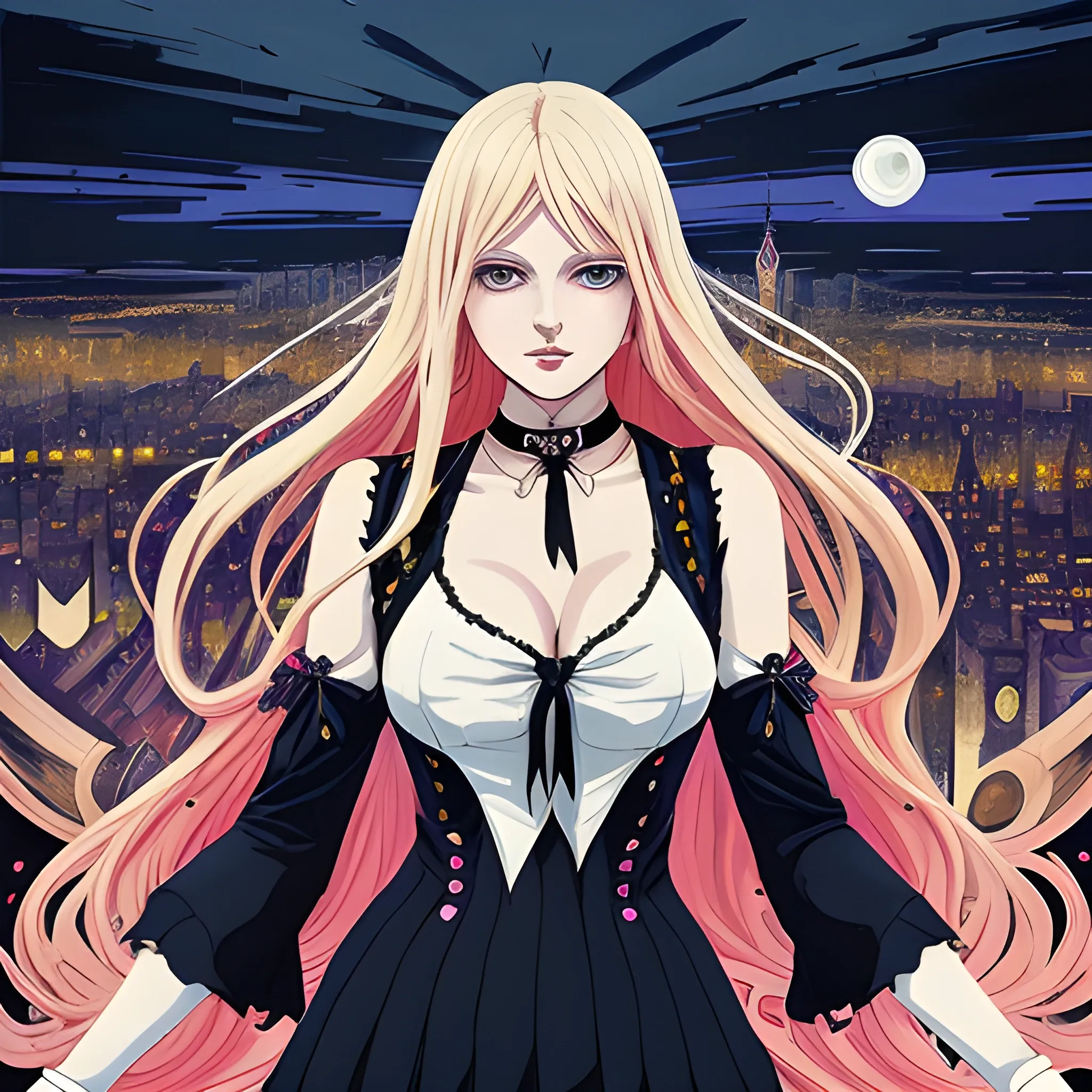 An image of a blonde woman wearing choker in a manga art, anime style character style Art Nouveau painting, red and sillver colors,  true aesthetics, gothic fashion shot of a beautiful modern woman posing in front of a psychedelic art nouveau style. classy style polish female, full figure, fit, ellegant tight white shirts, ties, miniskirts,  legs,  choker, cross, long hair, classy,  beautiful faces, manga eyes, open mouth, postapocaliptic city in the background, dark night, art by Greg Rutkowski, acrylic, high contrast, colorful polychromatic, ultra detailed, ultra quality, CGSocietyHighly detailed, highest quality