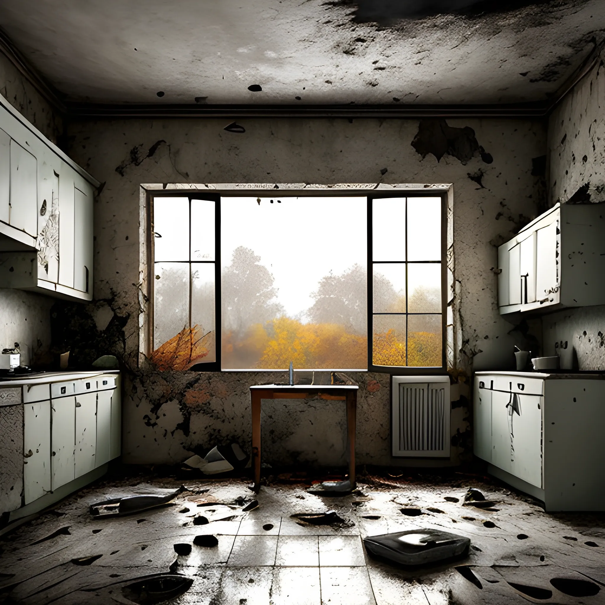 Kitchen, abandoned, in ruins, broken table, looted, Oil Painting, sad mate colors, invaded by nature, full kitchen view, broken windows, autumn atmosphere, warm dawn, dirty white cupboard, black and white tile, dust