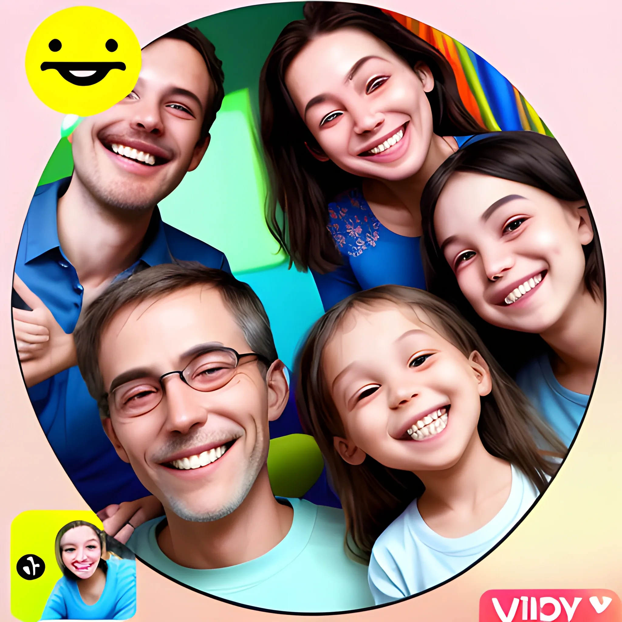 , Trippy, video call family of 4. Smiling brightly