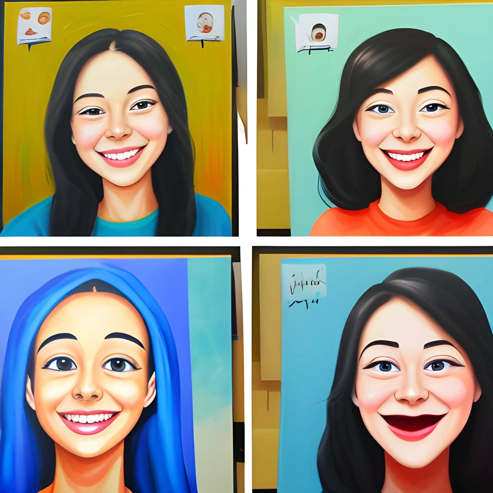 video call, meeting of 4. Smiling brightly, Cartoon, Oil Painting