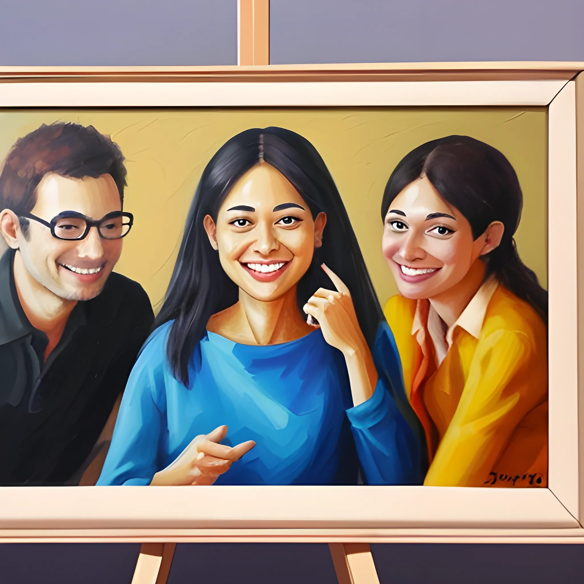 video call, meeting of 4; man and 3 woman. Smiling brightly, Cartoon, Oil Painting