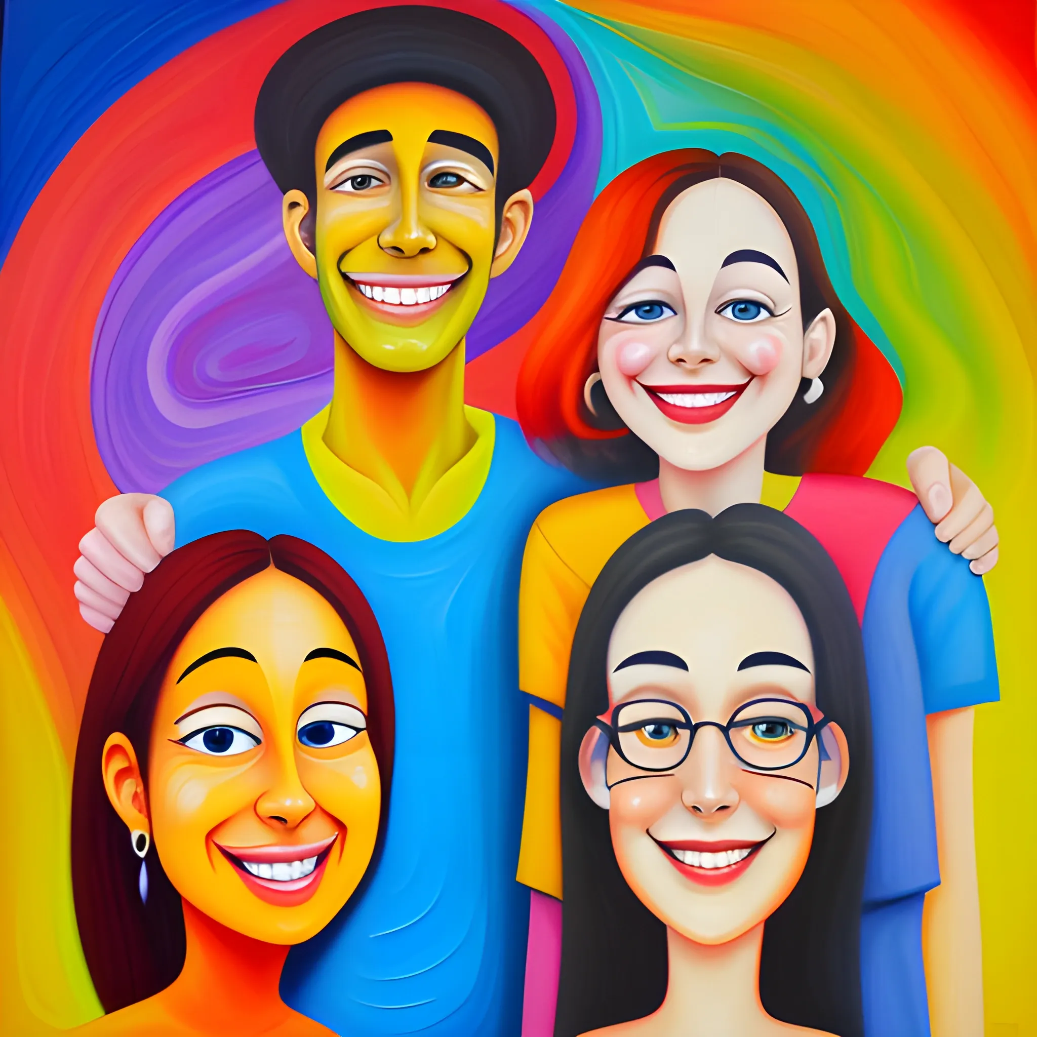 meet, 1 man and 3 woman. Smiling brightly, Cartoon, Oil Painting, Trippy