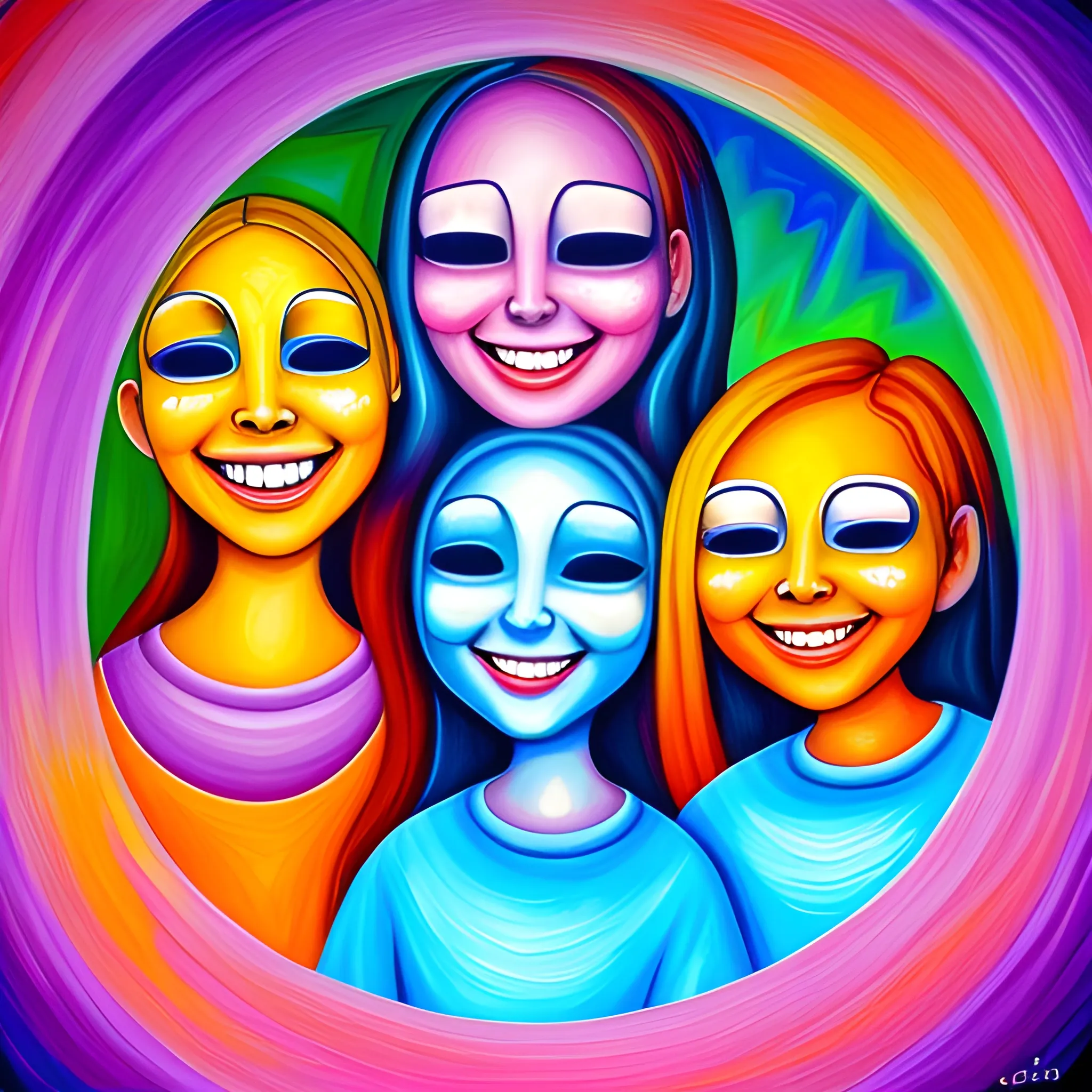 meet, 4 souls. Smiling brightly, Cartoon, Oil Painting, Trippy