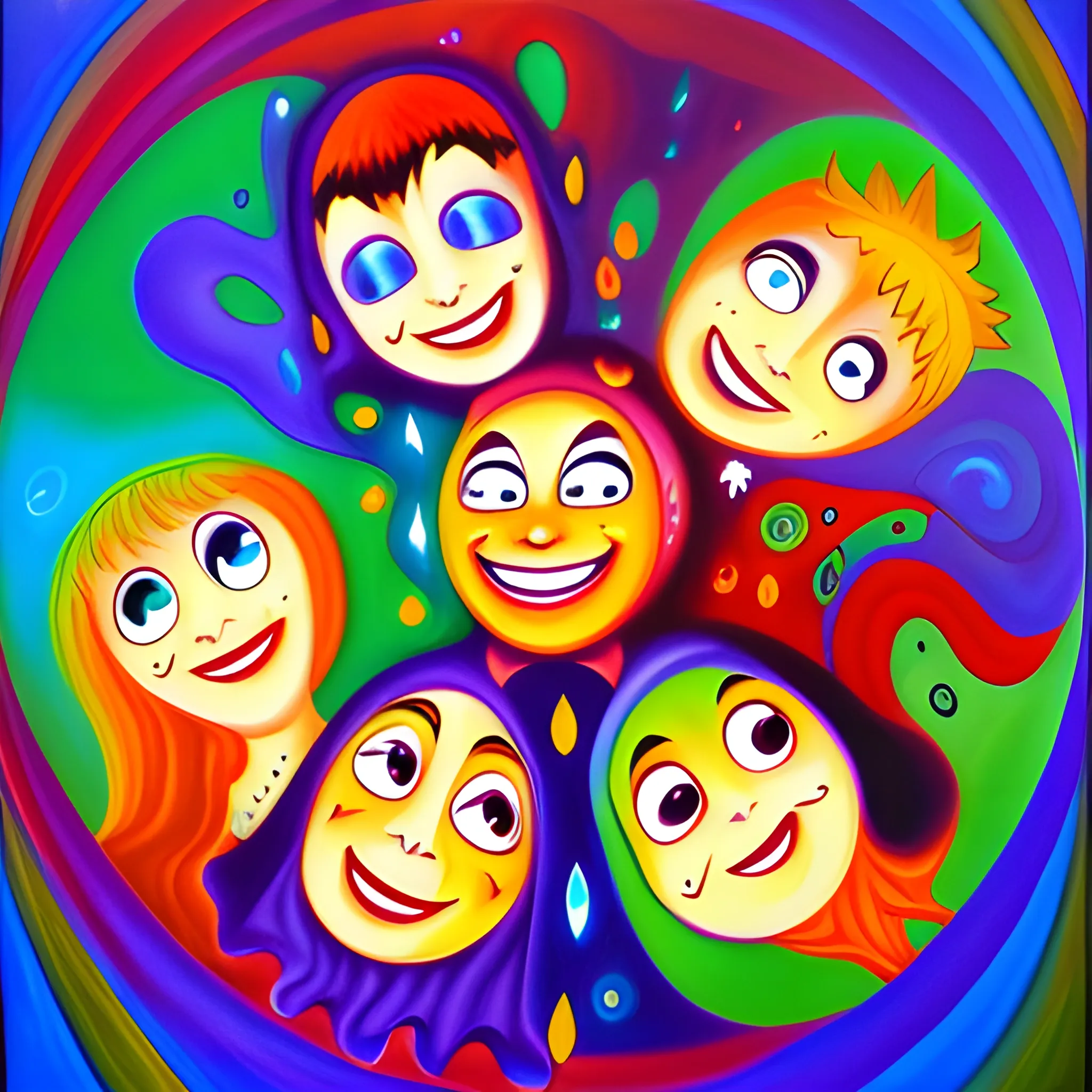 meet, 4 souls. Smiling brightly, Cartoon, Oil Painting, Trippy