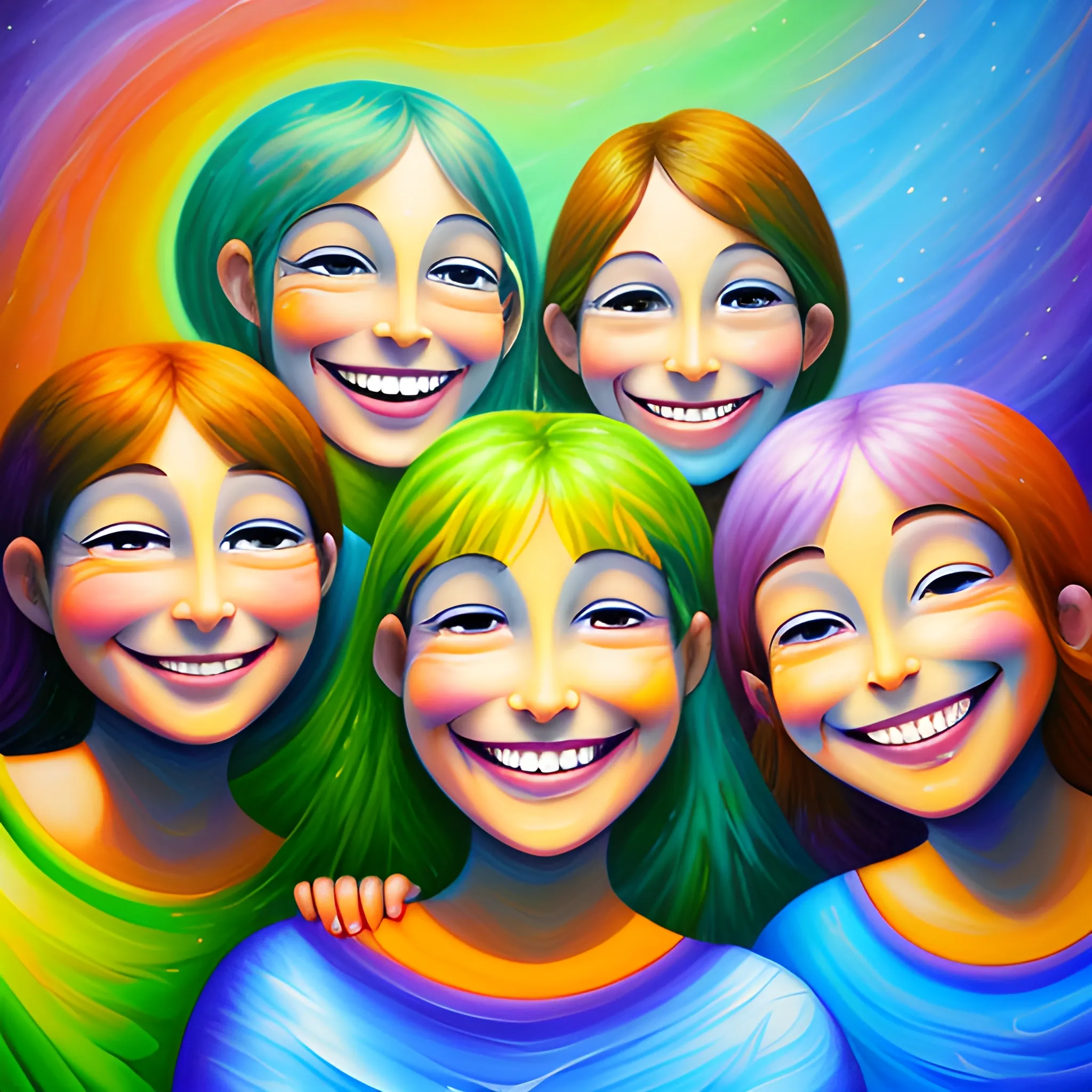 meet 4 lighten souls. Smiling, Hapiness Cartoon, Oil Painting, Trippy