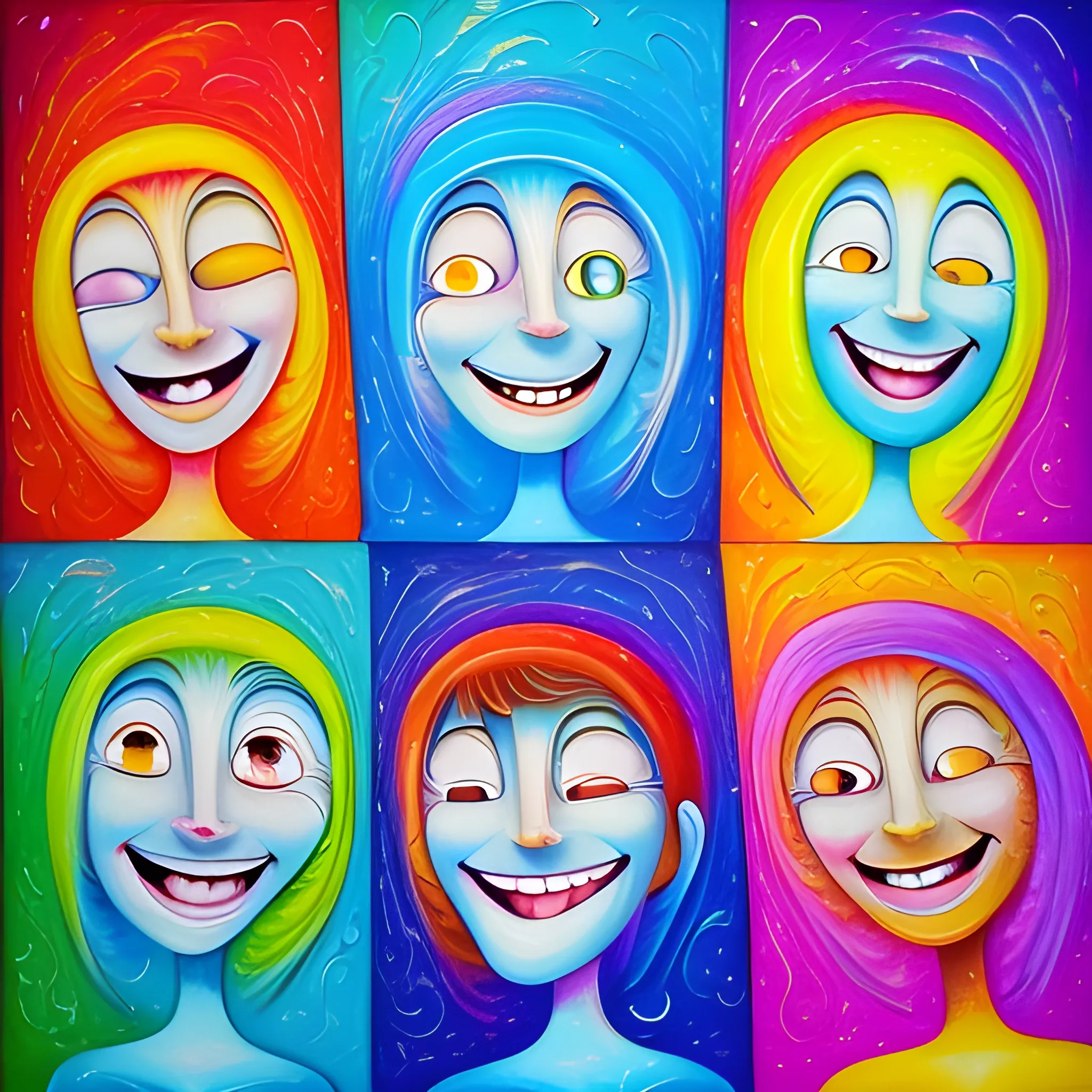 meet 4 abstract lighten souls. Smiling, Hapiness Cartoon, Oil Painting, Trippy