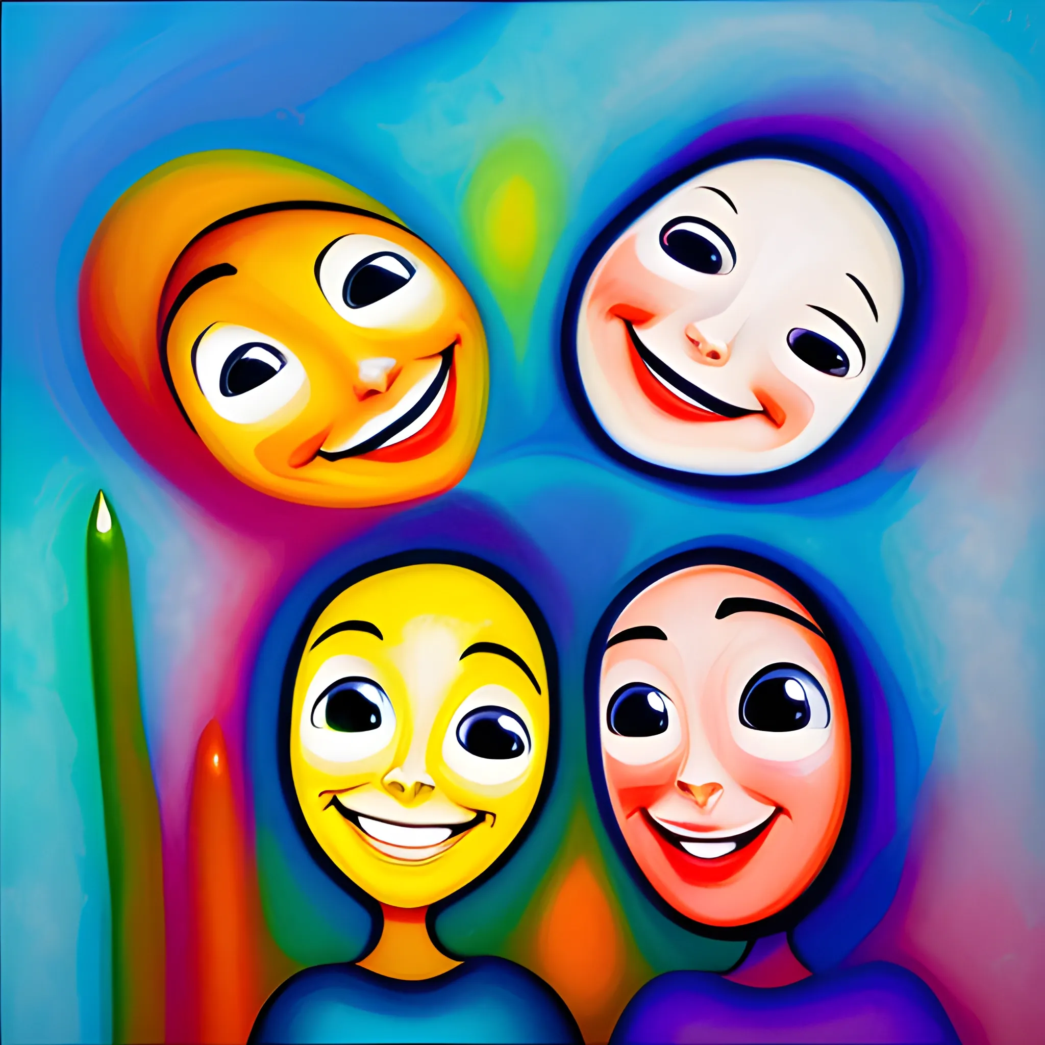 meet four abstract lighten souls. Smiling, Hapiness Cartoon, Oil Painting, Trippy