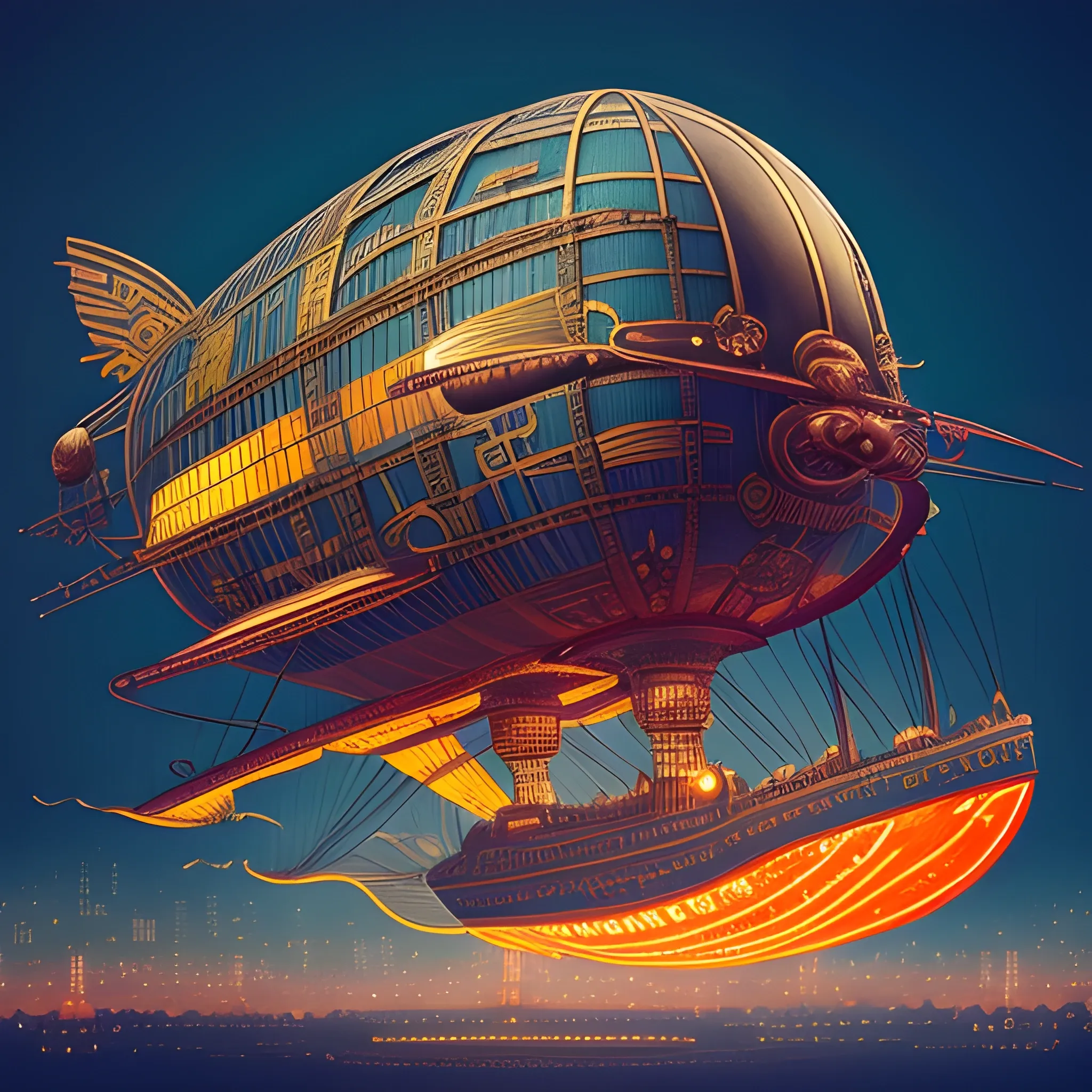 A flying Chinese airship in intricate style steampunk, colored lights, futuristic vibrant saturated colors