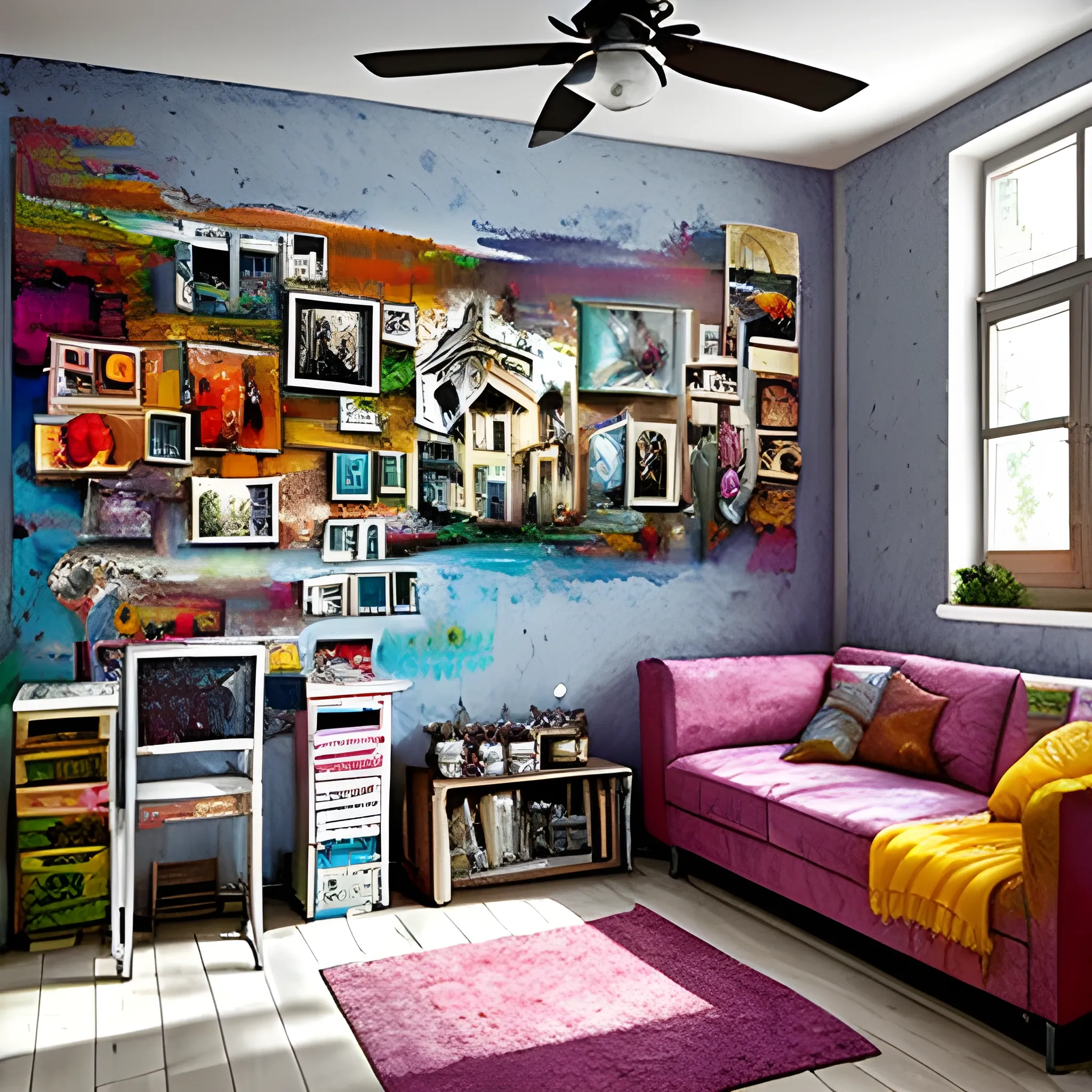 habitacion con muchas pinturas, muchos cuadros, colores neutros