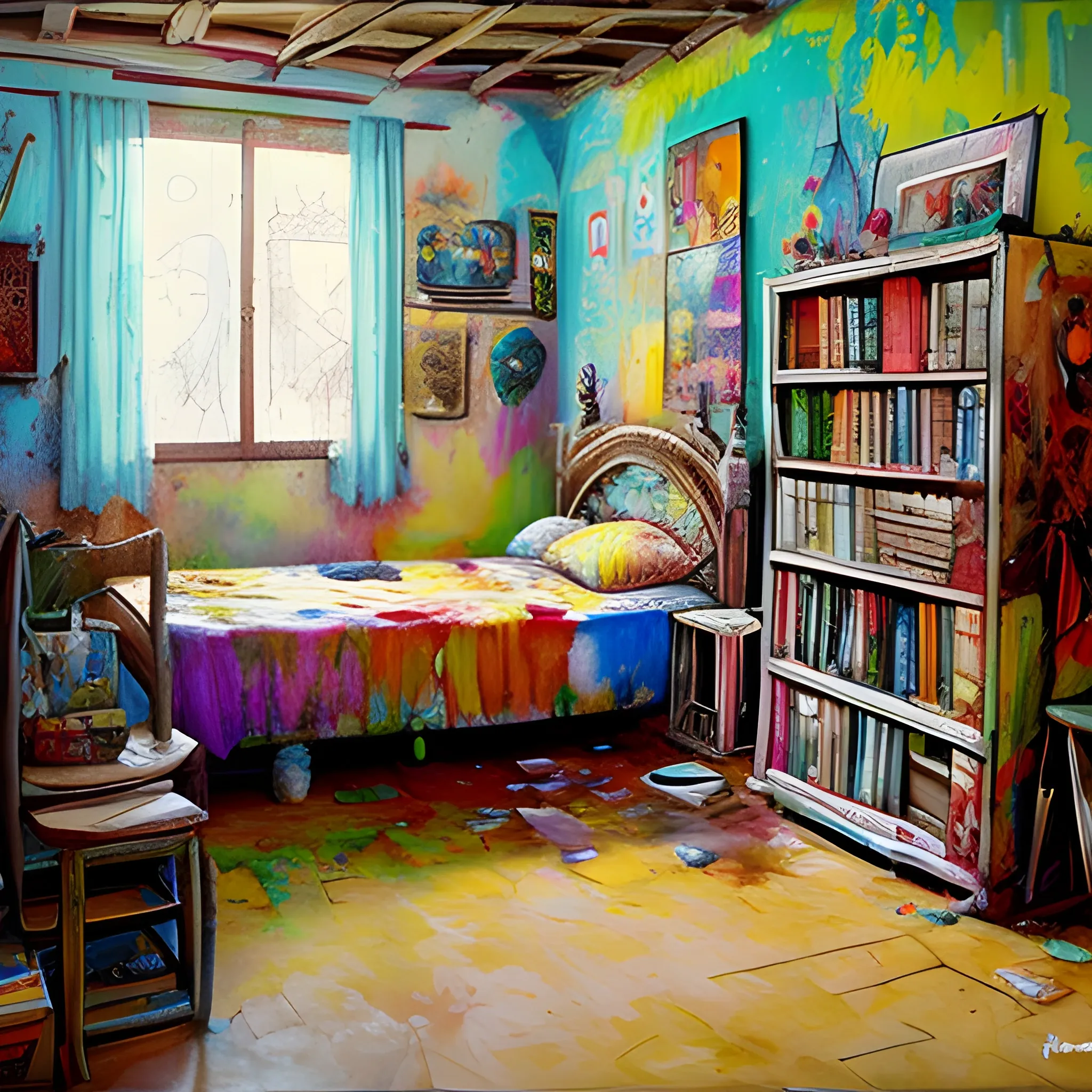 habitacion con muchas pinturas, muchos cuadros, colores obscuros,triste