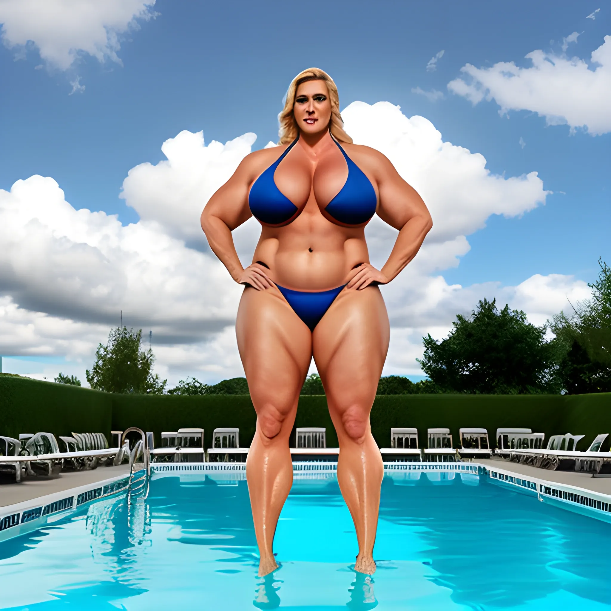 giant super size blonde girl with small  friendly face and massive body standing at pool under clouds 