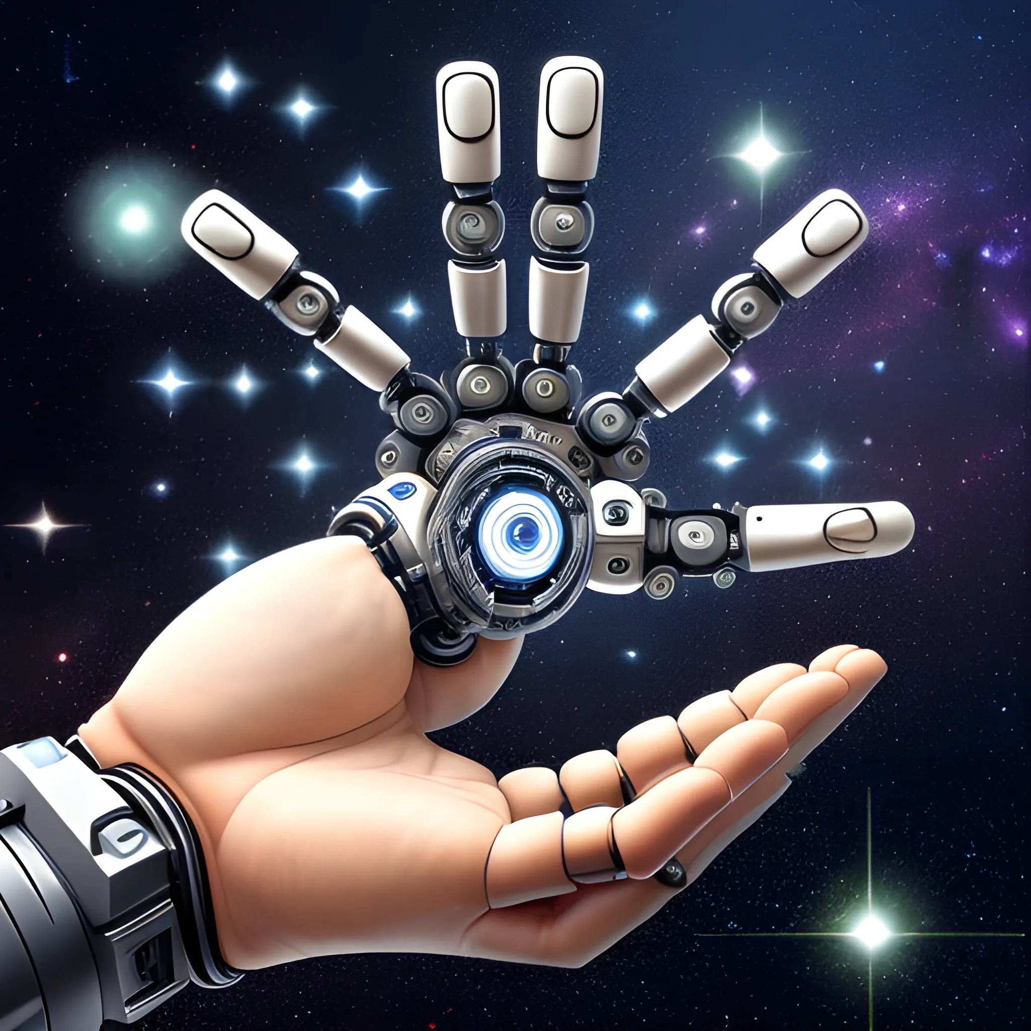 an image of a robotic hand intertwined with a human hand with the background of the universe in binary language and God's creation