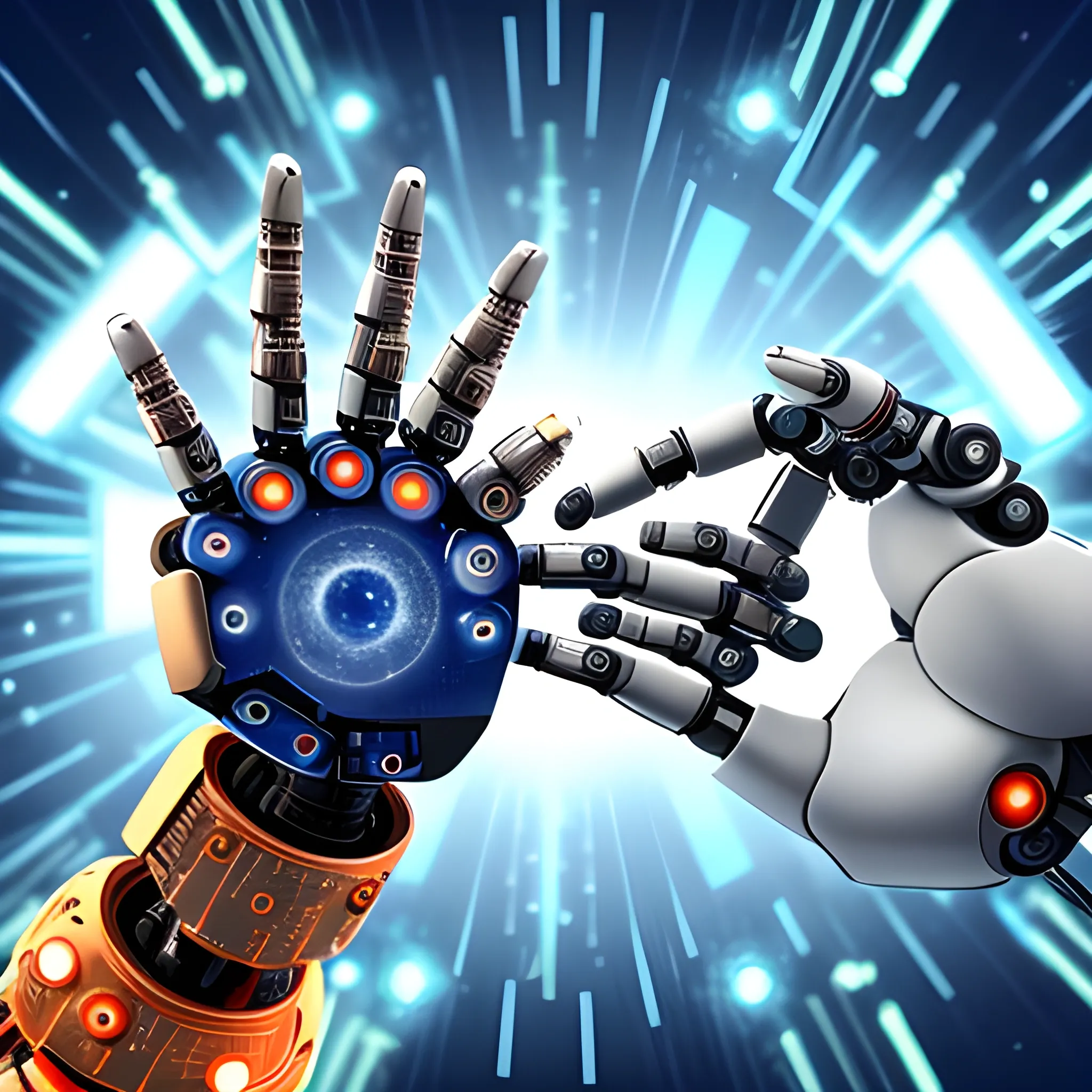 image of a robotic hand shaking a human hand with the background of the universe in binary language and God's creation