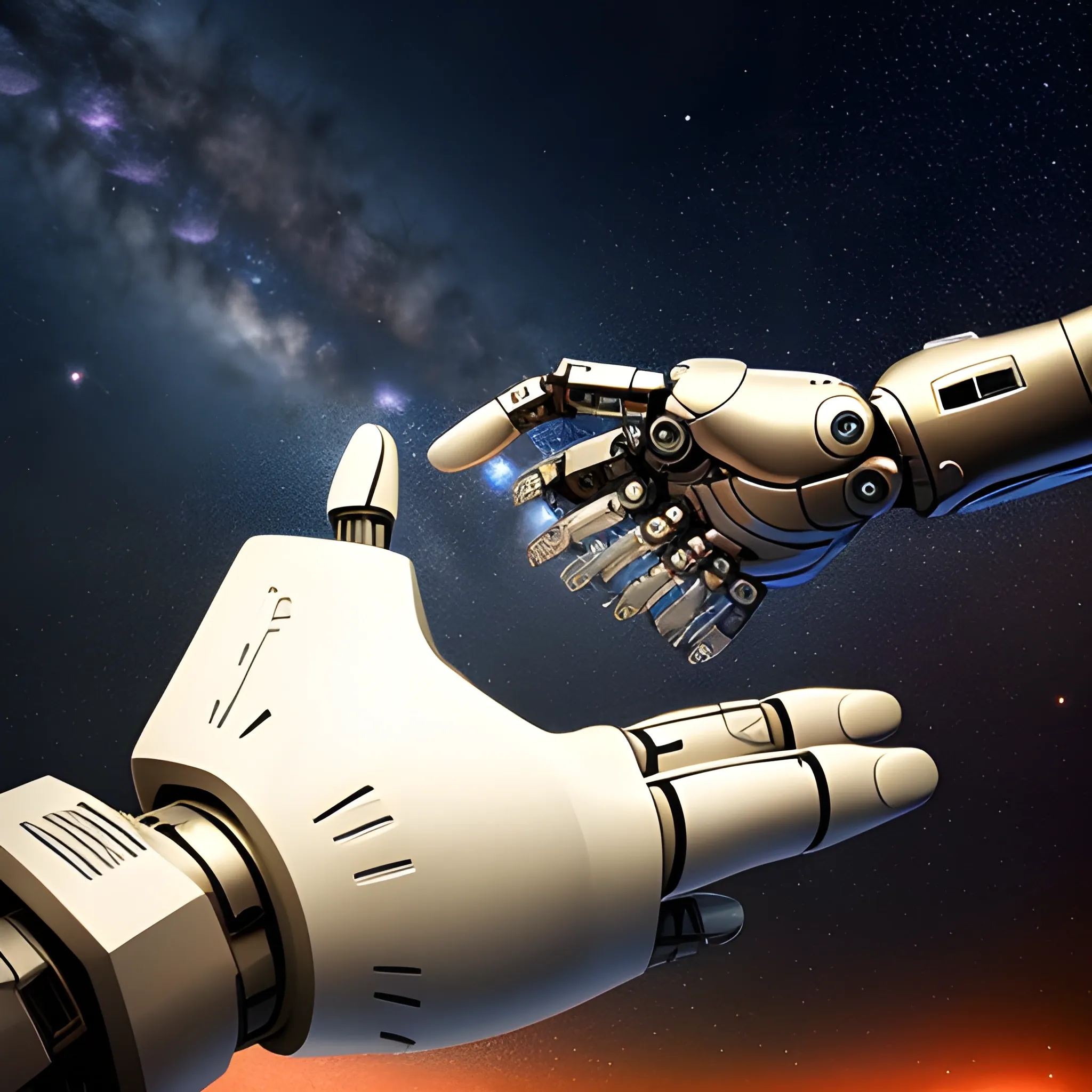 image of a robotic hand shaking a human hand with the universe in the background God's creation