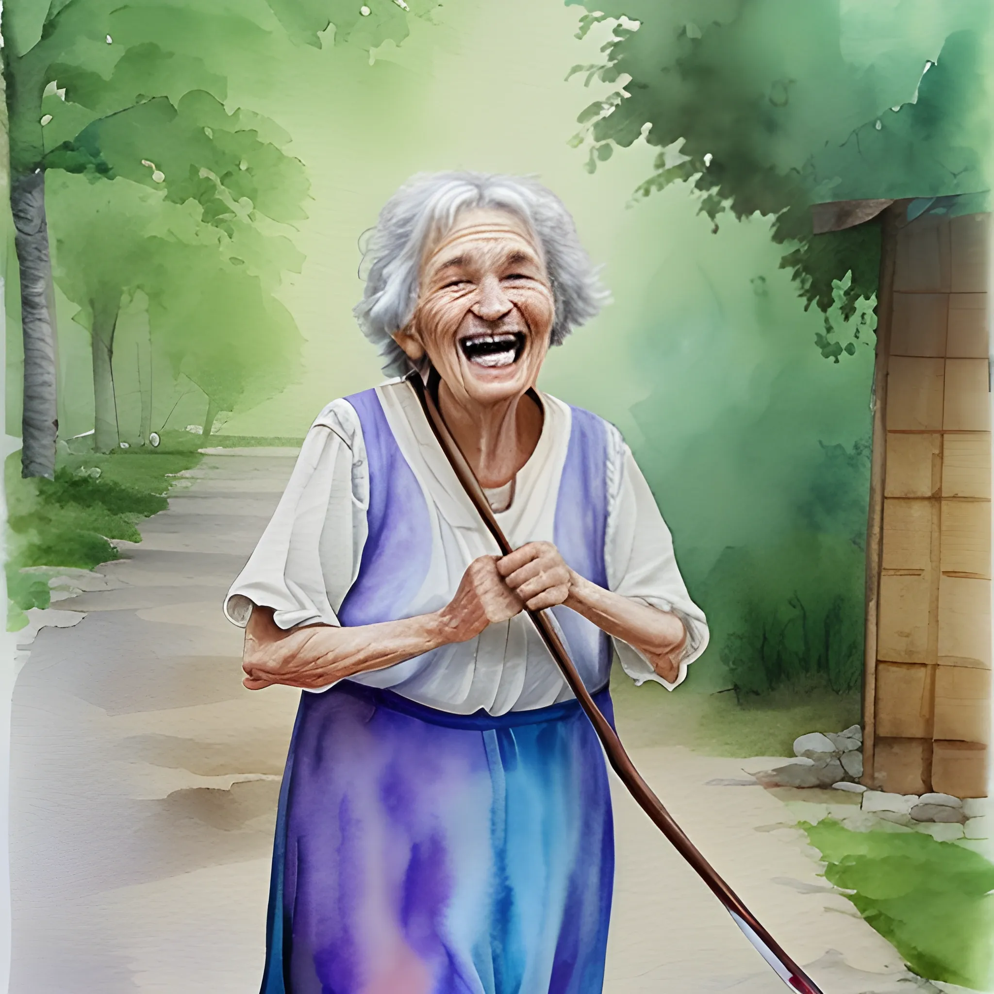 an old grandmother with big laugh in her face, walking to me, there is a bow in her hand. , Water Color